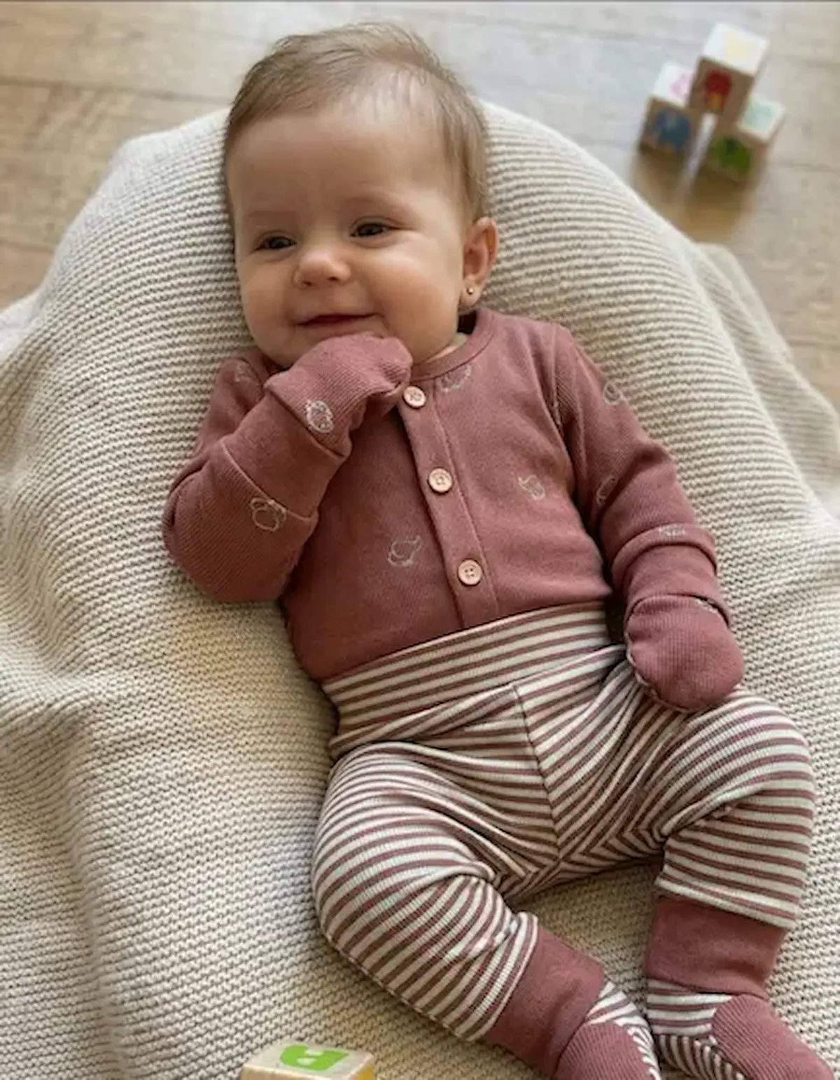 Nahaufnahme eines rostfarbenen Jersey-Stoffs für Babys mit kleinen, weiß gezeichneten Elefanten-Illustrationen und glatter Oberflächenstruktur.