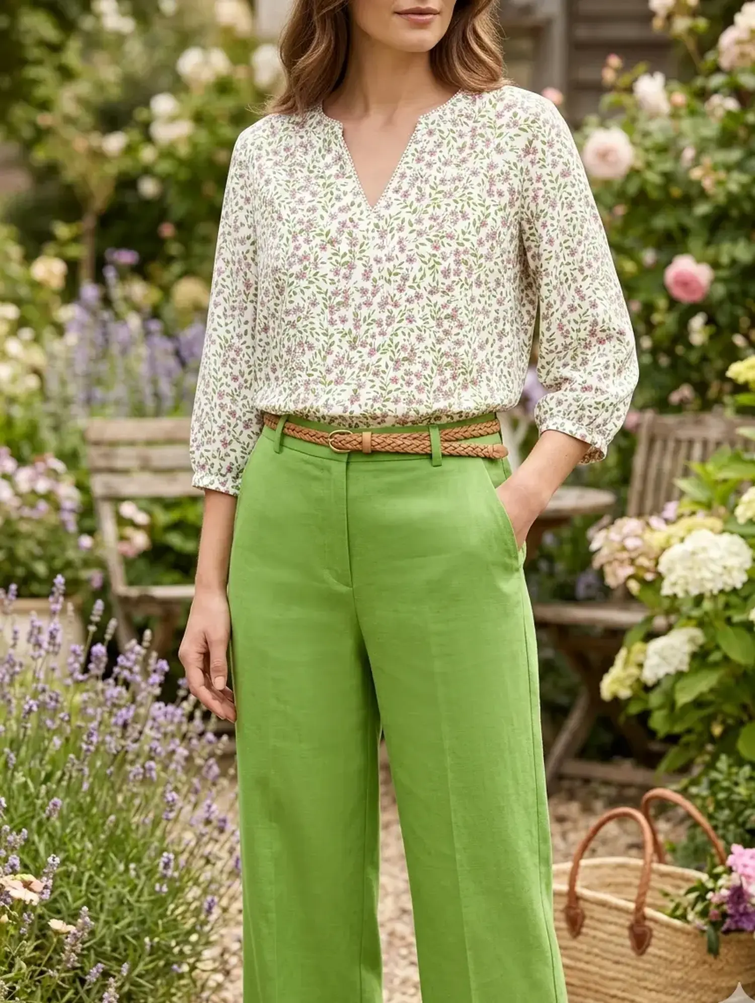 Luftige Bluse aus floraler Viskose Popeline Meterware, kombiniert mit grüner Hose in einer Gartenumgebung.