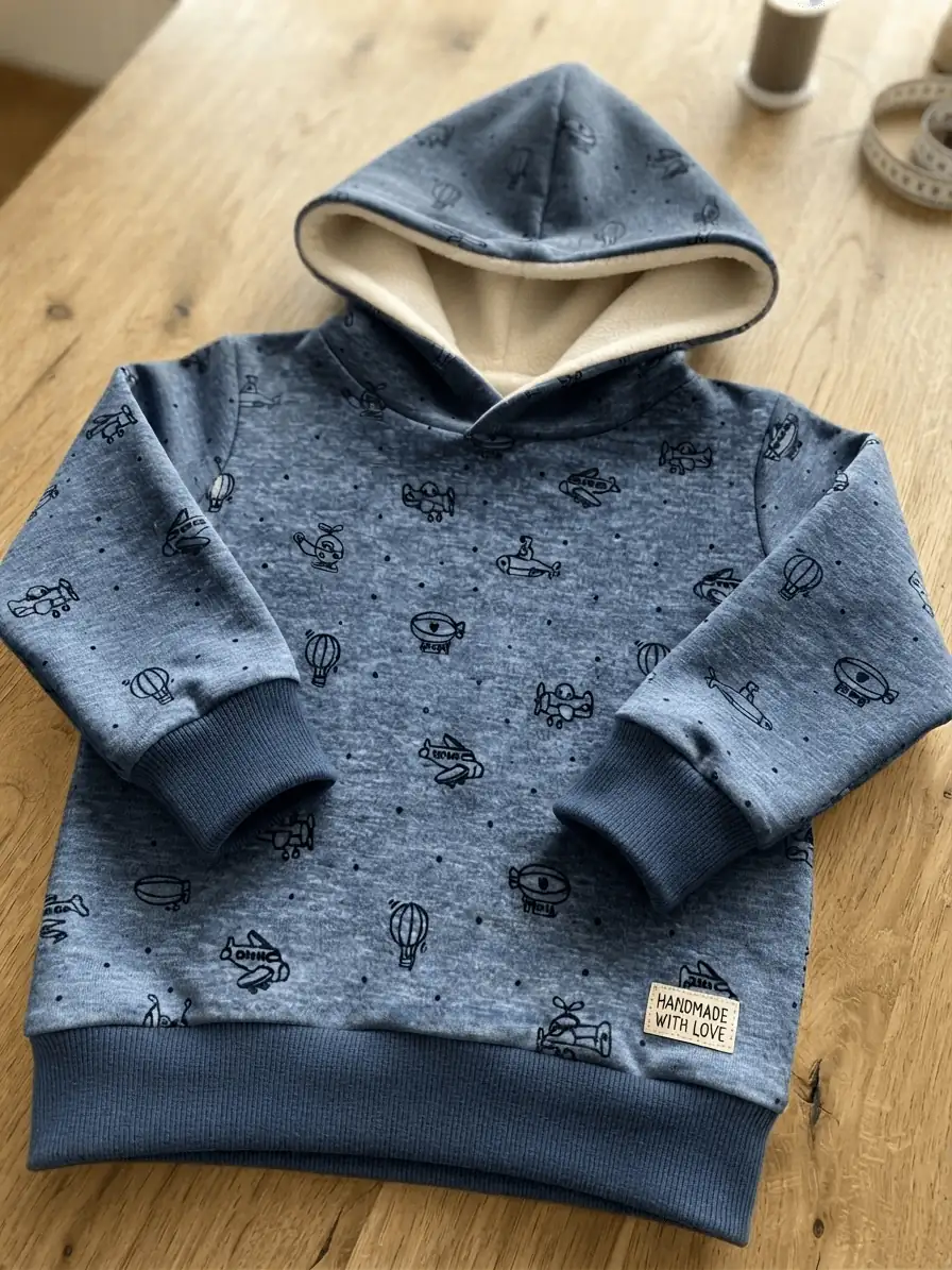 Kuscheliger Kinderhoodie genäht aus Alpenfleece Meterware in Blaugrau