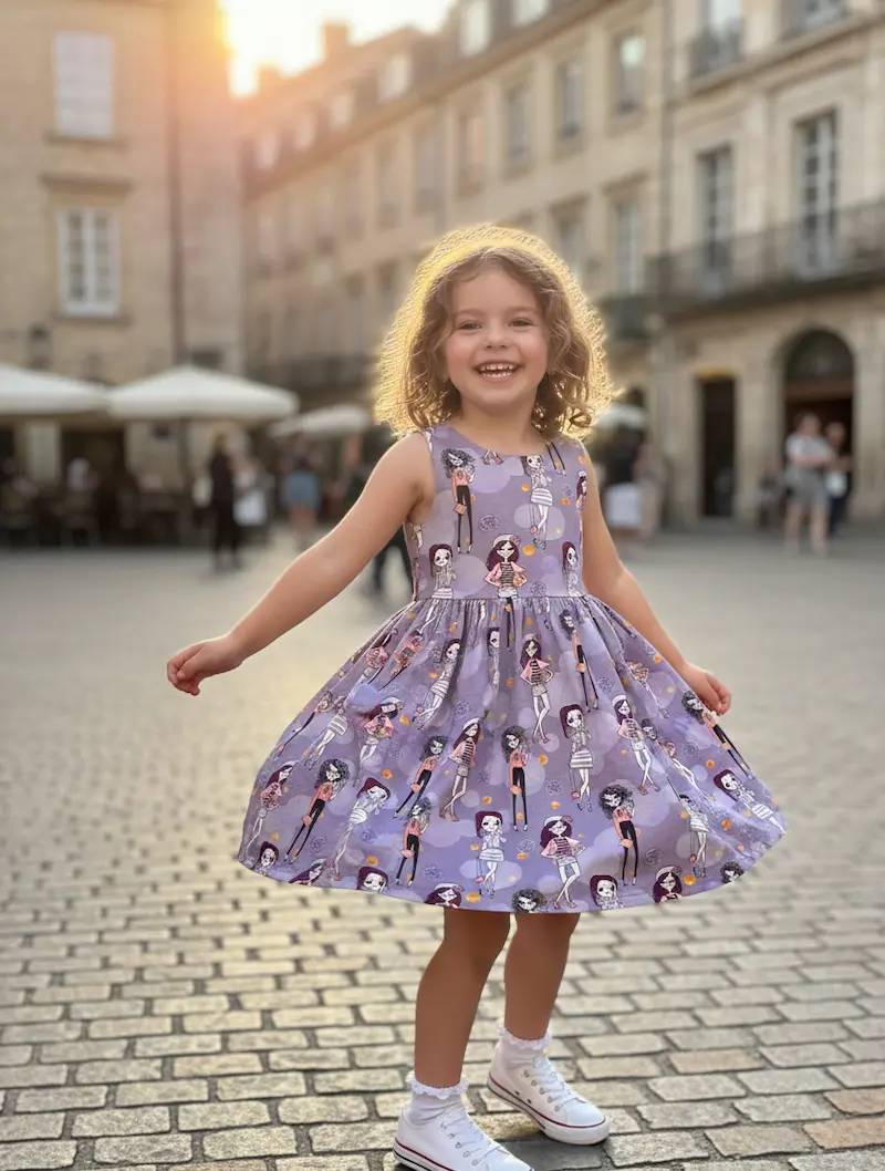 Ein fröhlich lachendes Kind dreht sich im Kreis auf einem gepflasterten Stadtplatz und trägt ein selbstgenähtes, ärmelloses Sommerkleid mit weit schwingendem Rockteil. Das Kleid ist aus lilagrauem Jersey-Stoff mit einem Muster aus modernen Fashion-Girls g