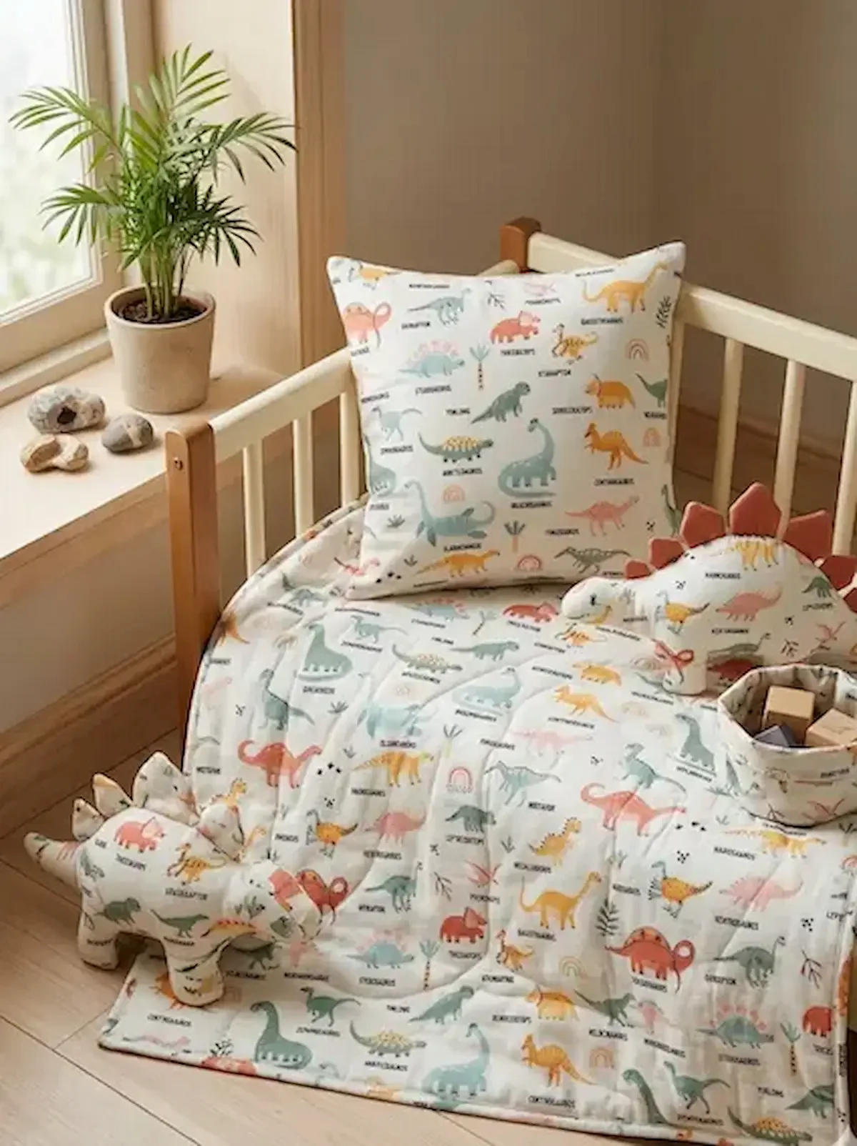 Kinderzimmer-Set bestehend aus Decke und Kissen genäht aus Baumwoll-Popeline mit bunten Dinosaurier-Motiven auf hellem Hintergrund