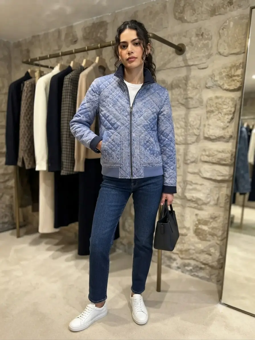 Hochwertiger blauer Steppstoff als Meterware mit weißem Paisley-Muster, ideal für selbstgenähte Damenjacken.