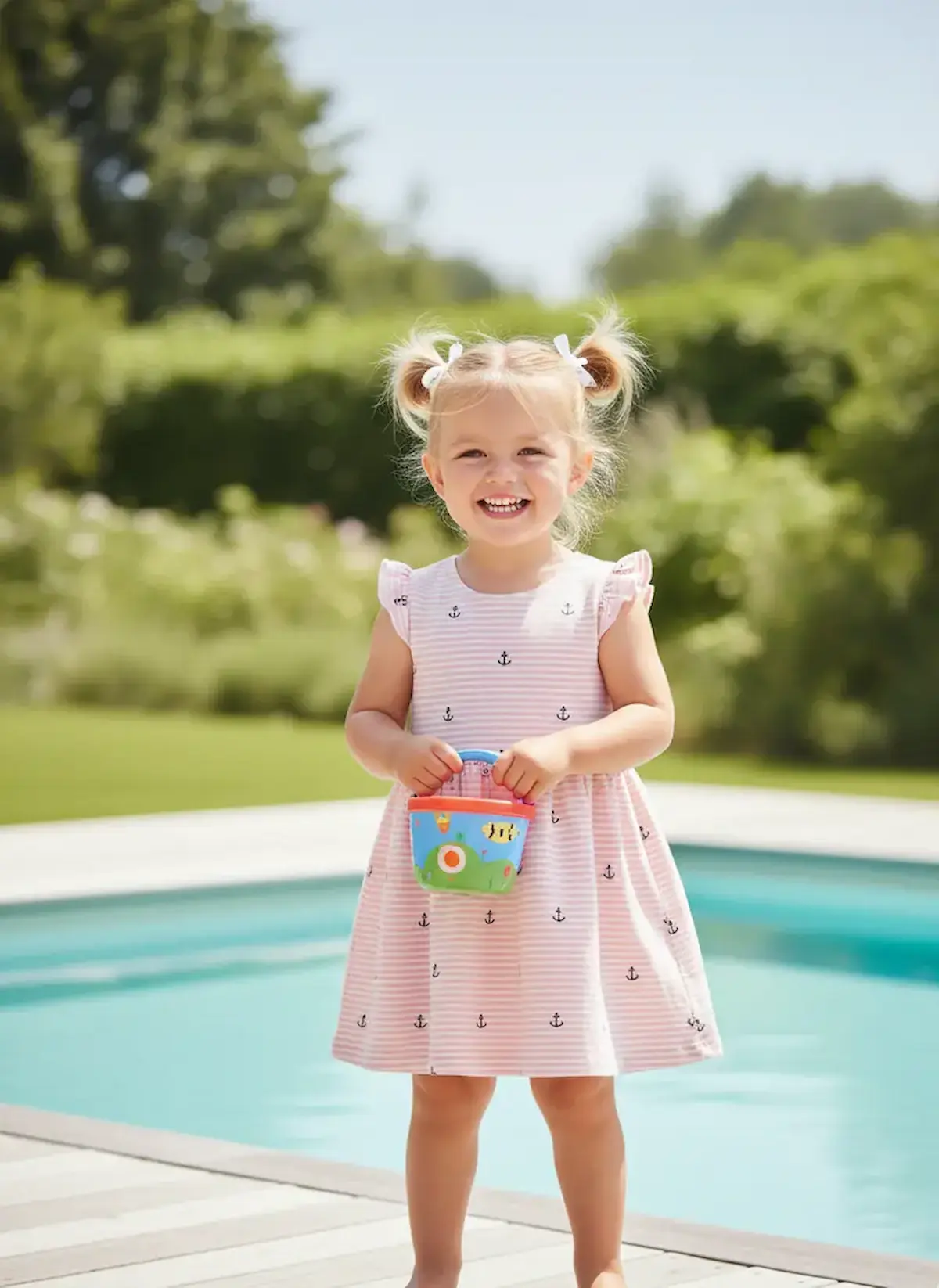 Ein kleines Mädchen trägt ein ärmelloses Kleid mit Rüschendetails, genäht aus rosa-weiß gestreiftem Baumwolljersey mit kleinen Ankern; das Kind hält ein Spielzeug am Poolrand als Inspiration für süße maritime Kindermode aus elastischer Meterware.