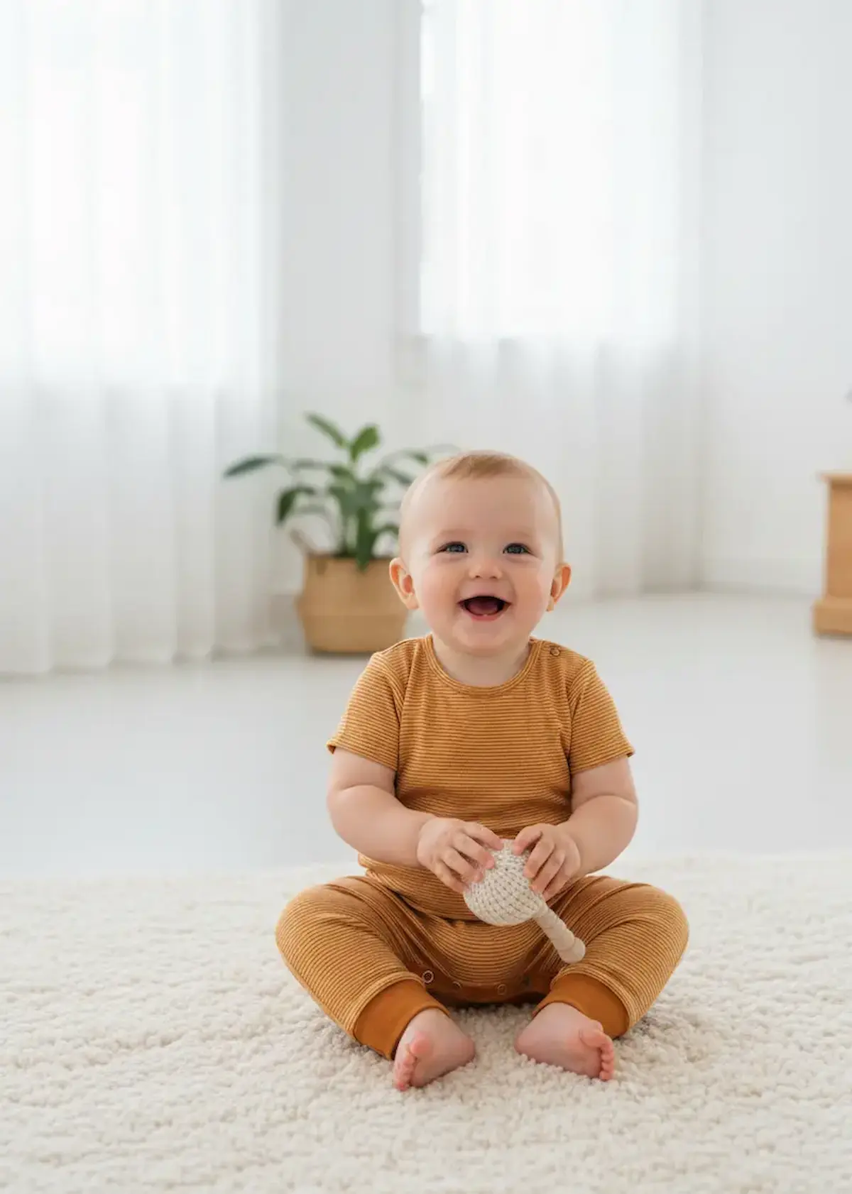 Lachendes Baby sitzt auf einem hellen Teppich und trägt ein Set aus T-Shirt und Hose, genäht aus feingestreiftem Baumwolljersey in Terracotta und Creme.