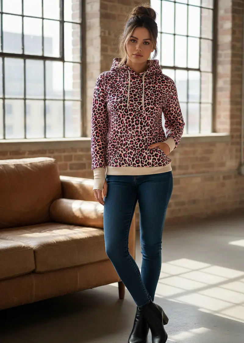 Frau trägt einen Kapuzenpullover aus rosa-beere French Terry Stoff mit Leopard-Druck. Der Hoodie zeigt helle Kontrastbündchen und Kordeln, was die Vielseitigkeit des Leo-Sommersweats als Meterware für moderne DIY-Bekleidung unterstreicht.
