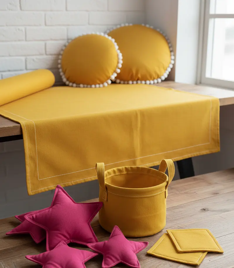 Gemütlich dekorierter Holztisch mit handgemachten Wohnaccessoires aus unifarbenem, sonnengelbem Baumwollstoff, darunter ein kleiner Aufbewahrungskorb, ein Tischläufer mit weißer Ziernaht, runde Kissen mit Pompon-Borte und pinke Stoffsterne als farbiger Ko