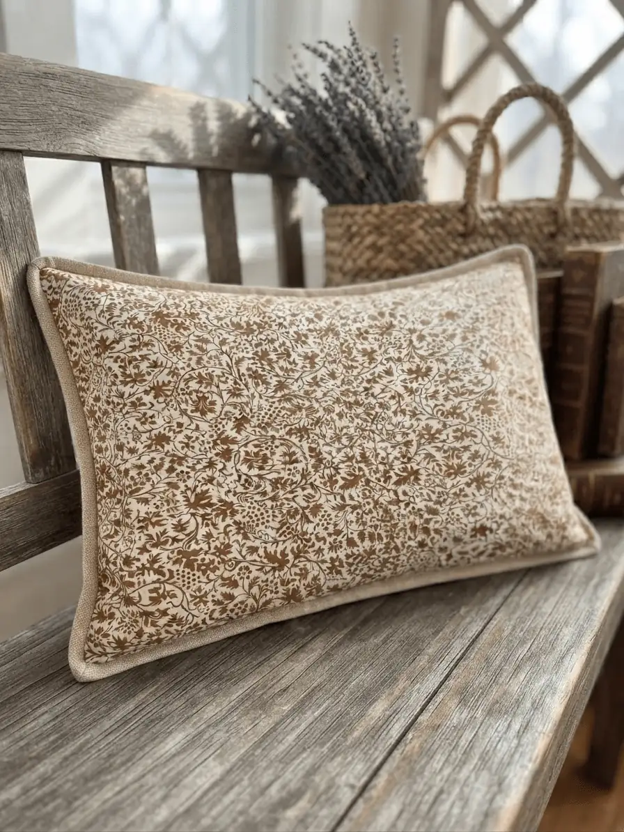 Mehrere selbstgenähte Dekokissen in verschiedenen Größen aus hochwertiger Baumwoll-Webware mit filigranem Ornament-Muster in Bronze-Weiß auf einem Sofa