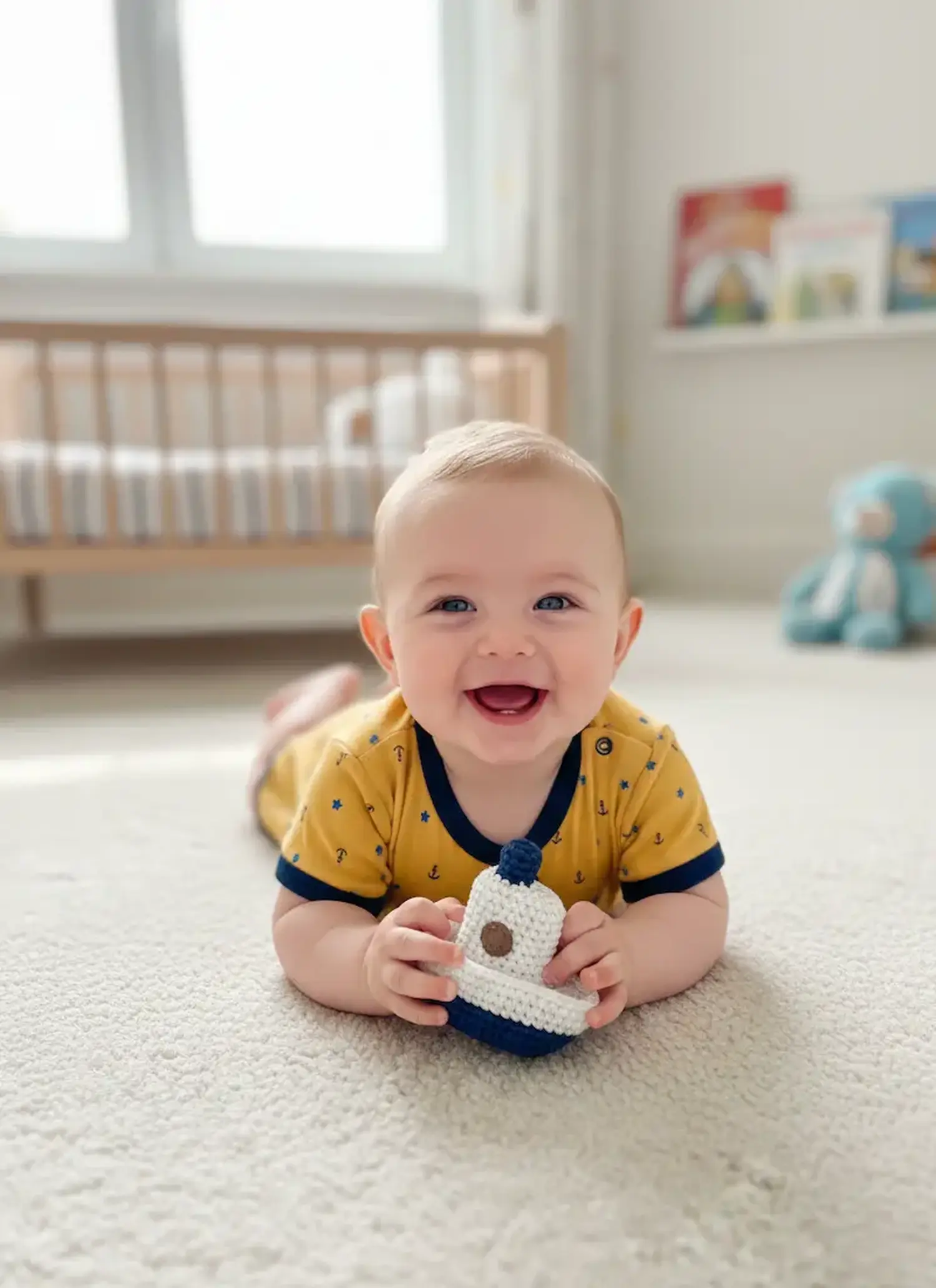 Ein lachendes Baby liegt auf dem Bauch im Kinderzimmer und trägt einen Body aus senfgelbem Jerseystoff mit kleinen blauen Ankern und Sternen.