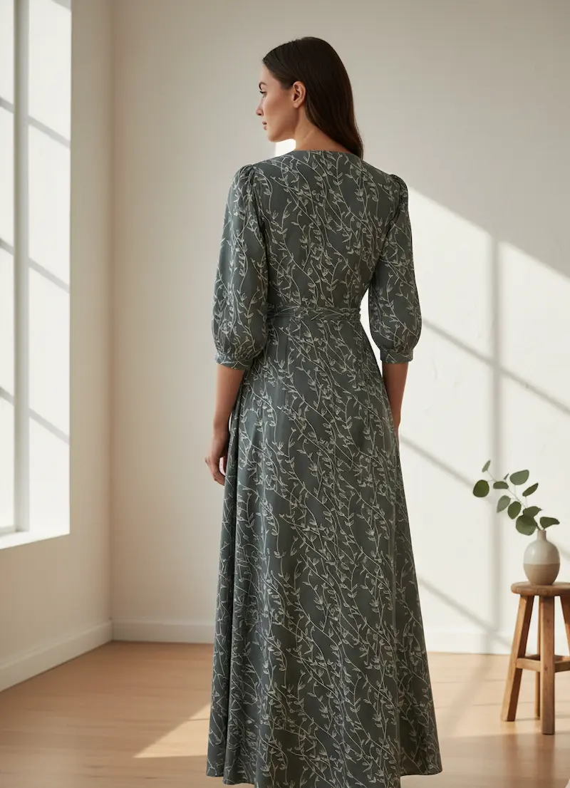 Rückansicht einer Frau in einem bodenlangen Maxikleid mit Dreiviertelärmeln, genäht aus schiefergrauer Baumwoll-Webware mit filigranem, hellem Ranken-Muster.