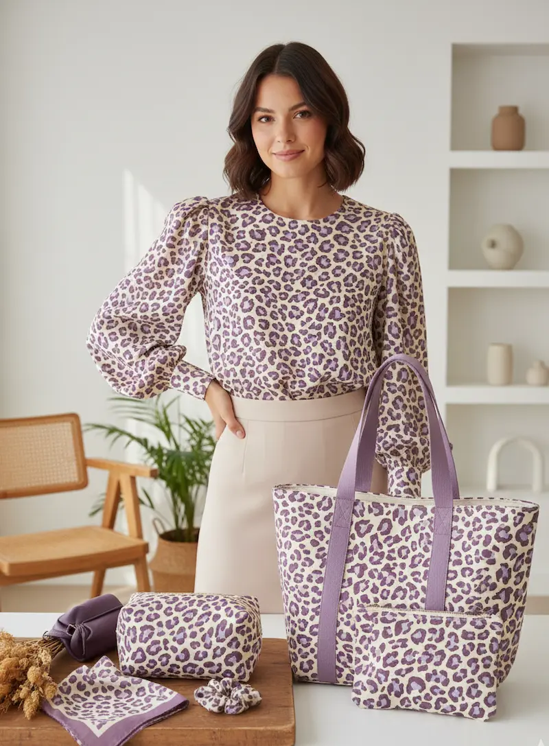 Eine Frau präsentiert eine Produktkollektion aus gemustertem Baumwollstoff: Eine langärmelige Bluse, eine große Tragetasche, Kosmetiktaschen und ein Haargummi im violetten Leo-Design.