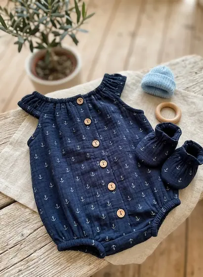 Handgenähter Baby-Romper mit Holzknöpfen und passenden Schühchen aus dunkelblauem Musselin-Stoff mit Anker-Muster, präsentiert in einer hellen, natürlichen Umgebung.