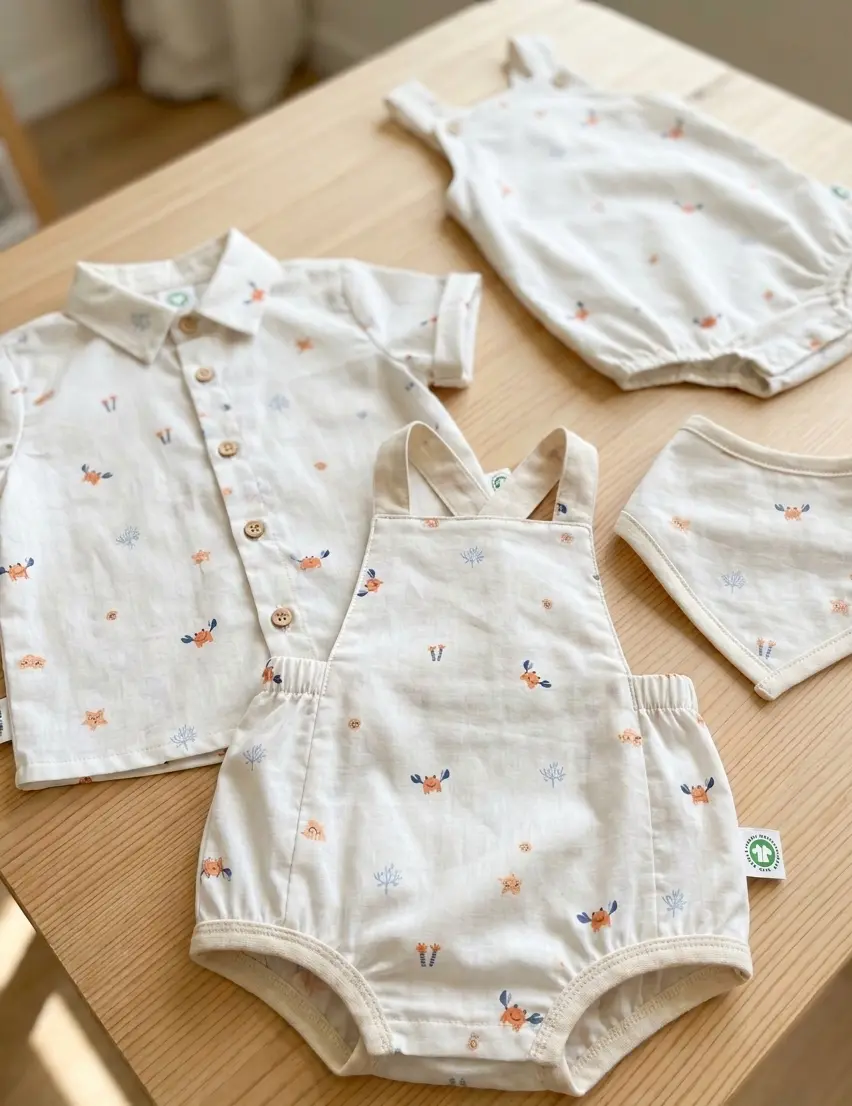 Set aus Bio-Baumwolle Popeline Kinderkleidung mit maritimen Krabben-Print: Hemd, Strampler und Halstuch auf Holztisch.