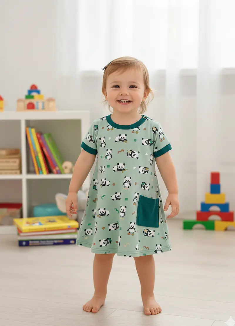 Nachhaltiger Baumwolljersey mit Panda-Print als Meterware, dargestellt an einem selbstgenähten Kinderkleid.