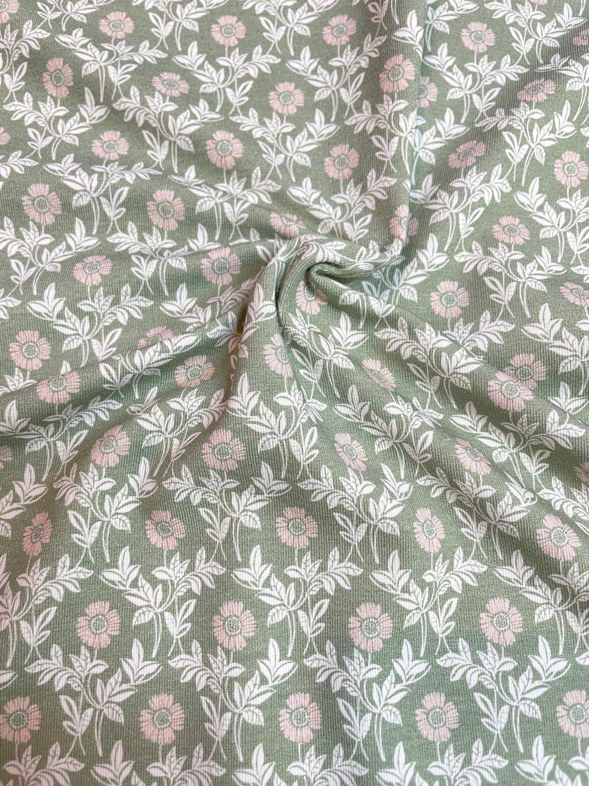 Baumwoll-Jersey Stoff dusty grün mit rosa Blumen