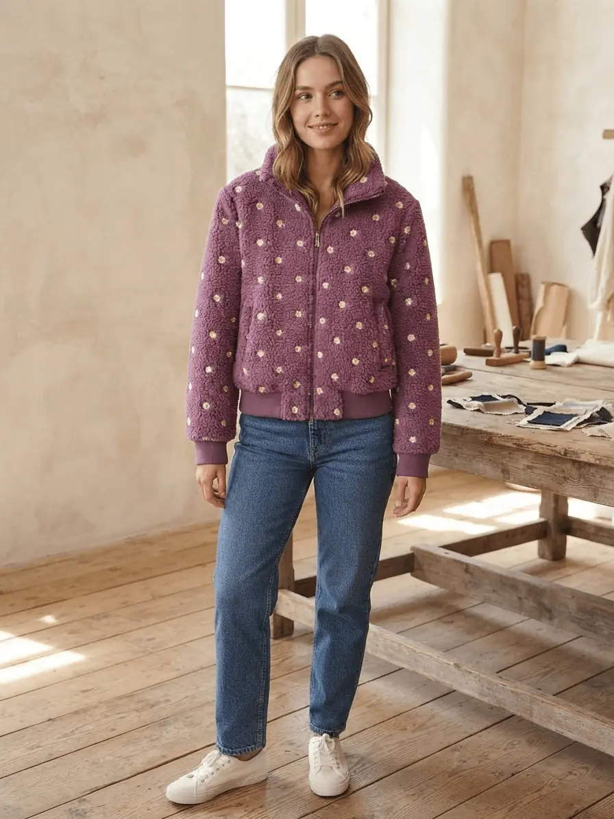 Eine junge Frau trägt eine modische Damenjacke aus dem flauschigen Teddyplüsch-Stoff in Beere-Mauve mit eingestickten Gänseblümchen.