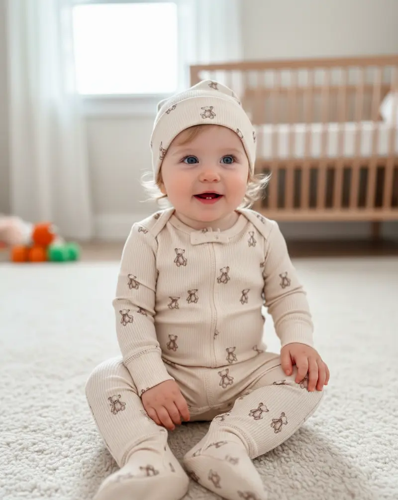 Ein lächelndes Baby sitzt auf einem hellen Teppich und trägt einen selbstgenähten Strampler sowie eine passende Mütze aus cremefarbenem Rippstrick-Jersey mit kleinen, braunen Bären-Motiven