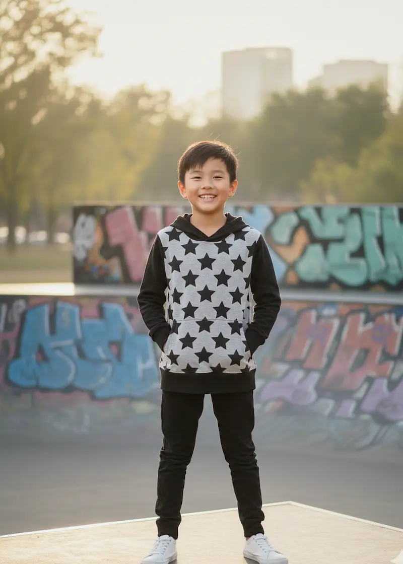 Ein lächelnder Junge trägt einen grauen Pullover mit schwarzen Sternen aus weichem French Terry Stoff.