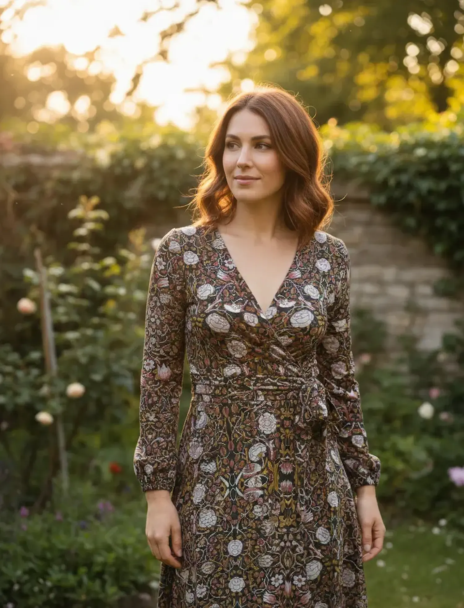 Eine Frau im Garten zur goldenen Stunde trägt ein stilvolles, selbstgenähtes Wickelkleid mit V-Ausschnitt und langen Ärmeln. Das Kleid ist aus dem elastischen Baumwolle-Stretch-Stoff mit detailreichem Vintage-Muster aus Rosen und Vögeln im Jugendstil gefe