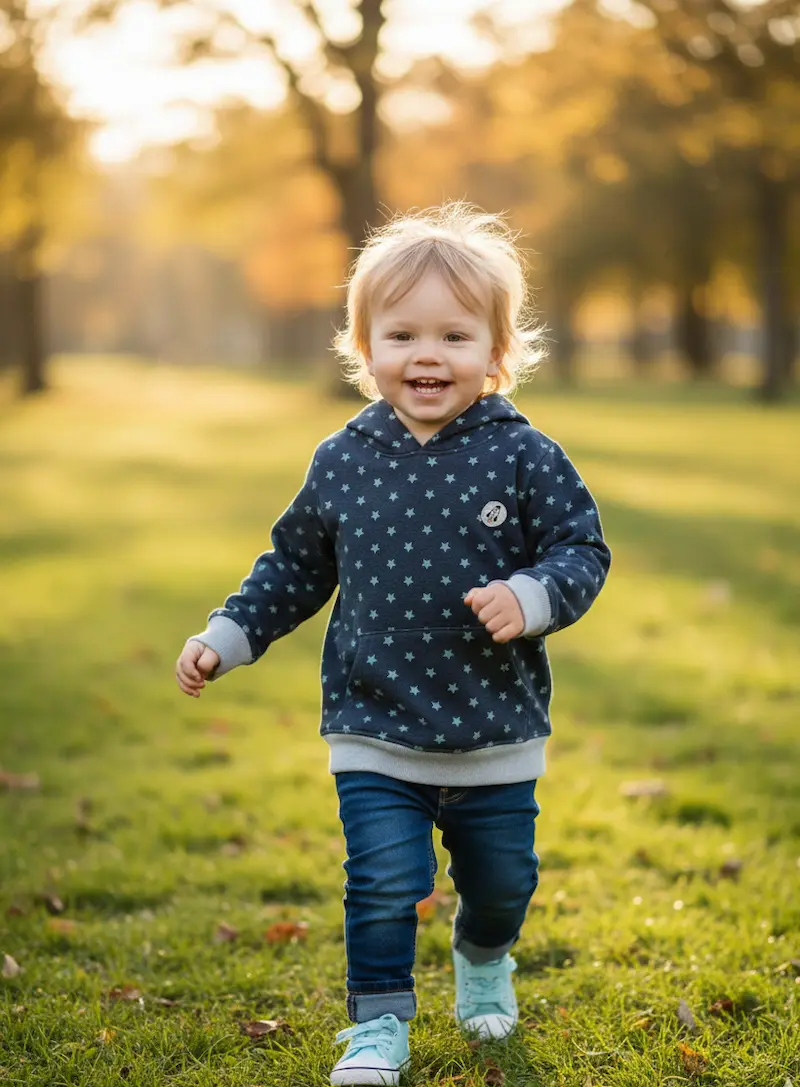 Ein fröhlich lachendes Kleinkind läuft über eine herbstliche Wiese und trägt einen handgenähten Hoodie aus anthrazitfarbenem French Terry mit hellblauen Sternen und Glitzereffekt.