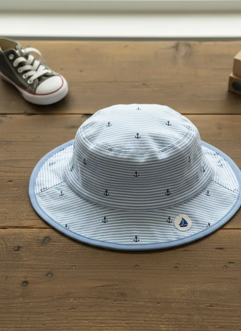 Ein handgenähter Sonnenhut (Fischerhut) für Kinder aus hellblau-weiß gestreiftem Baumwolljersey mit kleinen Ankern; präsentiert auf einem Holztisch als Inspiration für maritime Sommer-Accessoires aus elastischer Meterware.