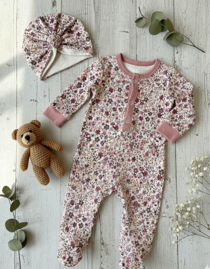 Ripp Jersey mit Blumen floral alt lila/mauve/beere