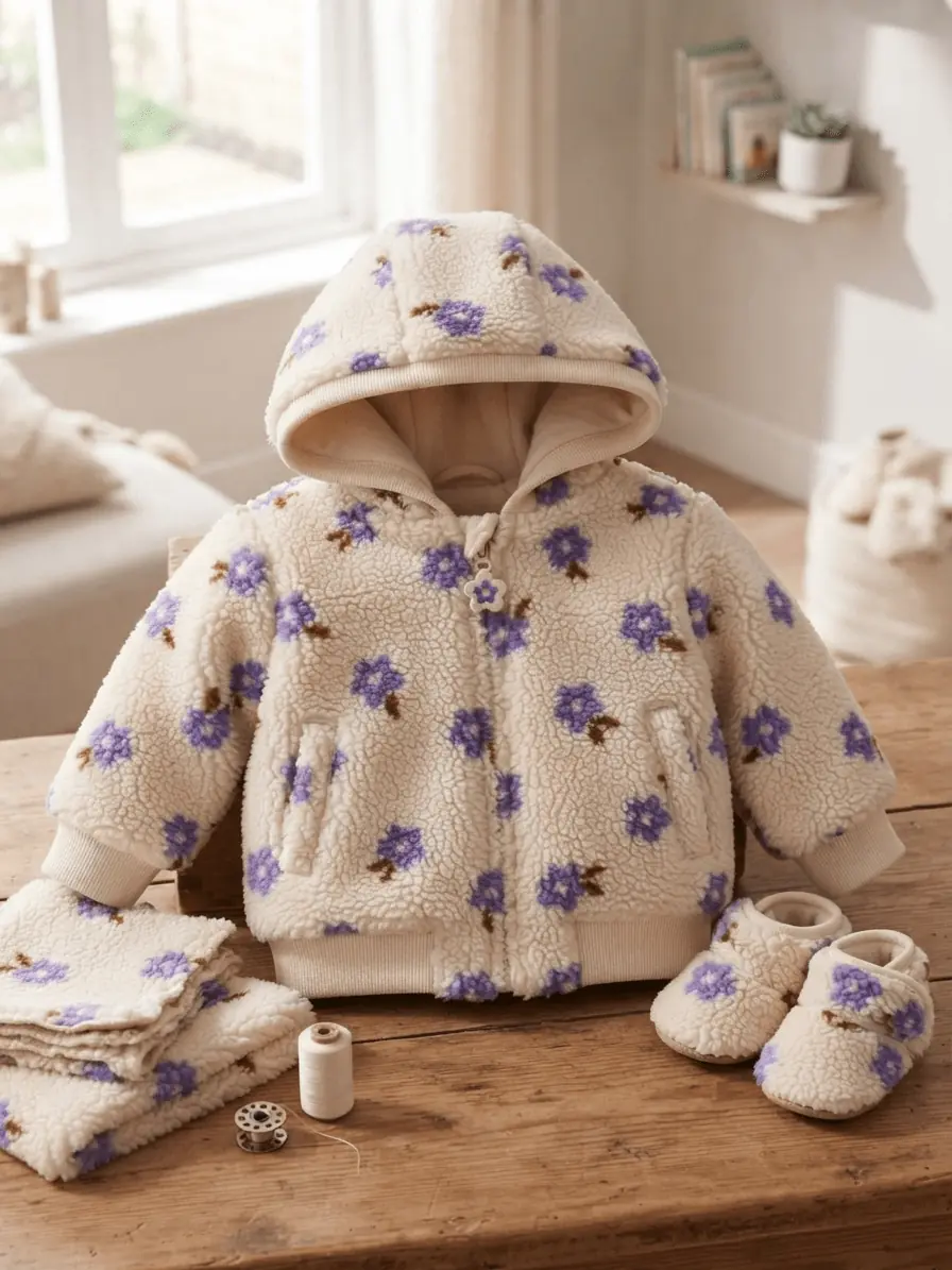 Flauschiger Teddy-Plüsch-Stoff als Meterware in Cremeweiß mit violettem Blumenmuster, präsentiert in Form einer genähten Baby-Jacke und passenden Schühchen auf einem Holztisch.