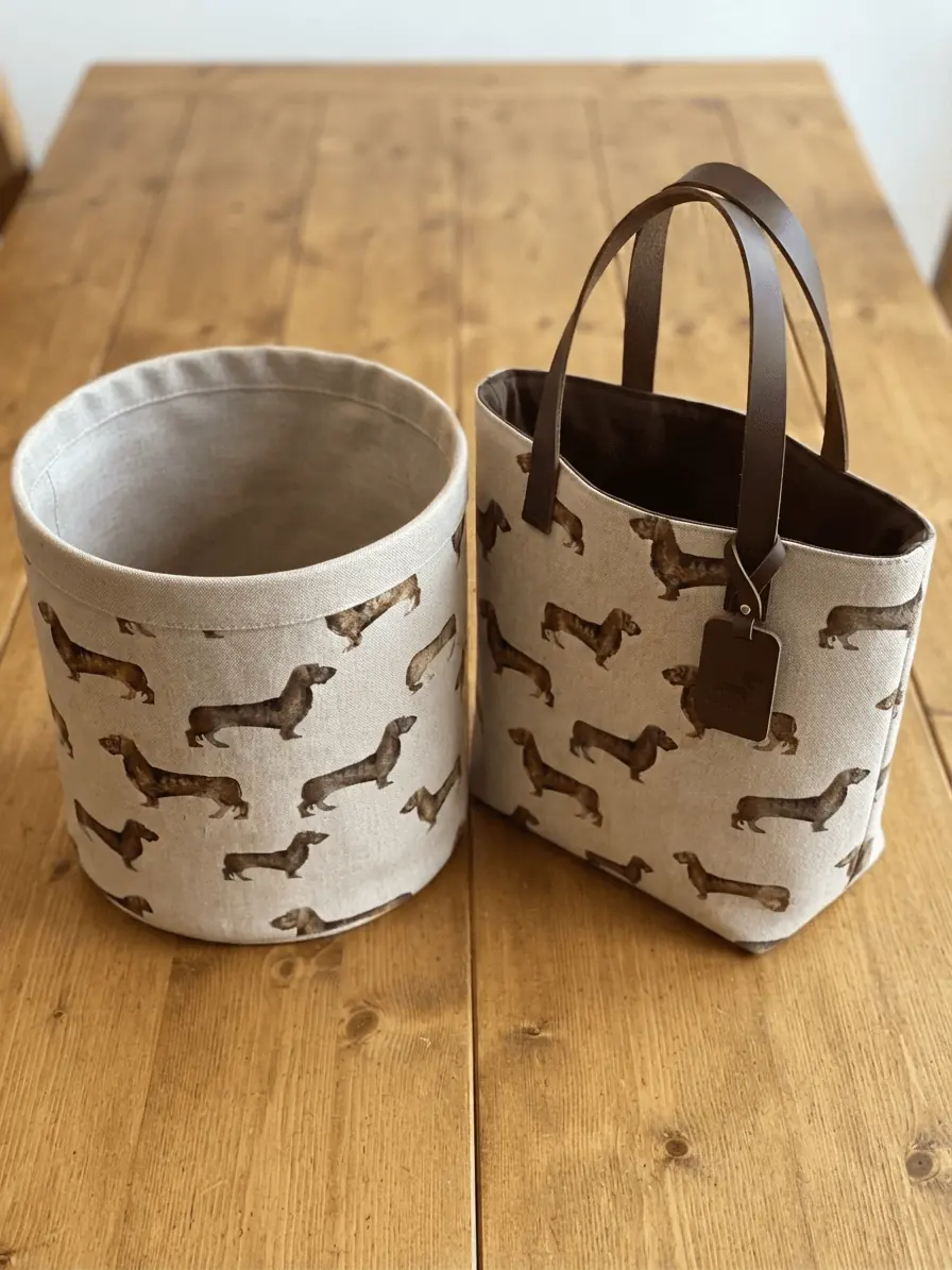 Selbstgenähte Aufbewahrungsbox und Tasche aus Deko-Stoff mit Dackel-Motiv als DIY-Nähbeispiel auf einem Holztisch.
