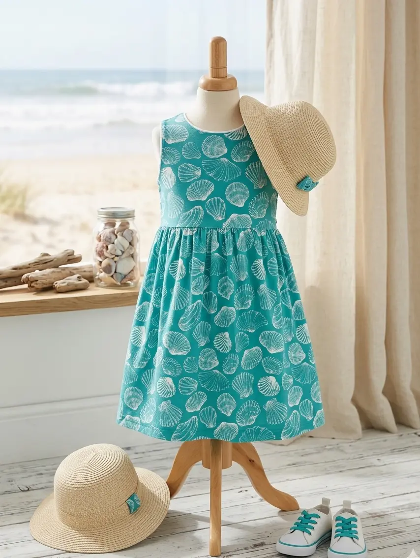 Ärmelloses Sommerkleid für Damen oder Kinder aus türkisfarbenem Jersey-Stoff mit weißen Muschelmotiven, präsentiert auf einer Holz-Schneiderpuppe vor einer Strandkulisse.