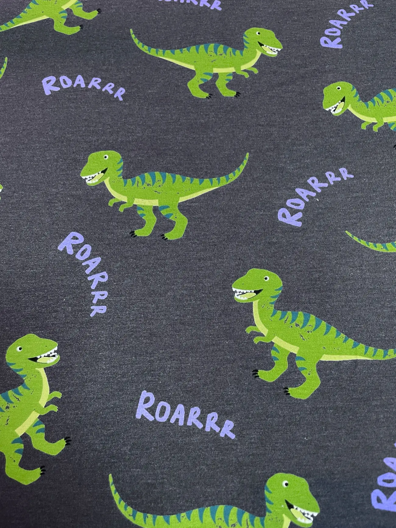 Ein flach liegender Baumwolljersey-Stoff als Meterware in Anthrazit / Dunkelgrau, bedruckt mit einem coolen Kindermuster aus grünen, gestreiften Dinosauriern (T-Rex) und lilafarbenen „ROARRR“-Schriftzügen.