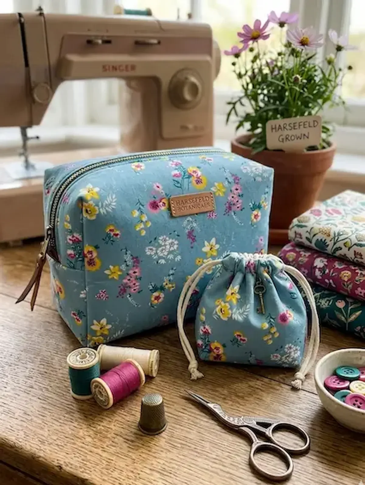 Detailaufnahme von Baumwolle Webware als Meterware mit floralem Muster in Blau und Rosa, flach liegend auf einem Holztisch neben Nähutensilien.