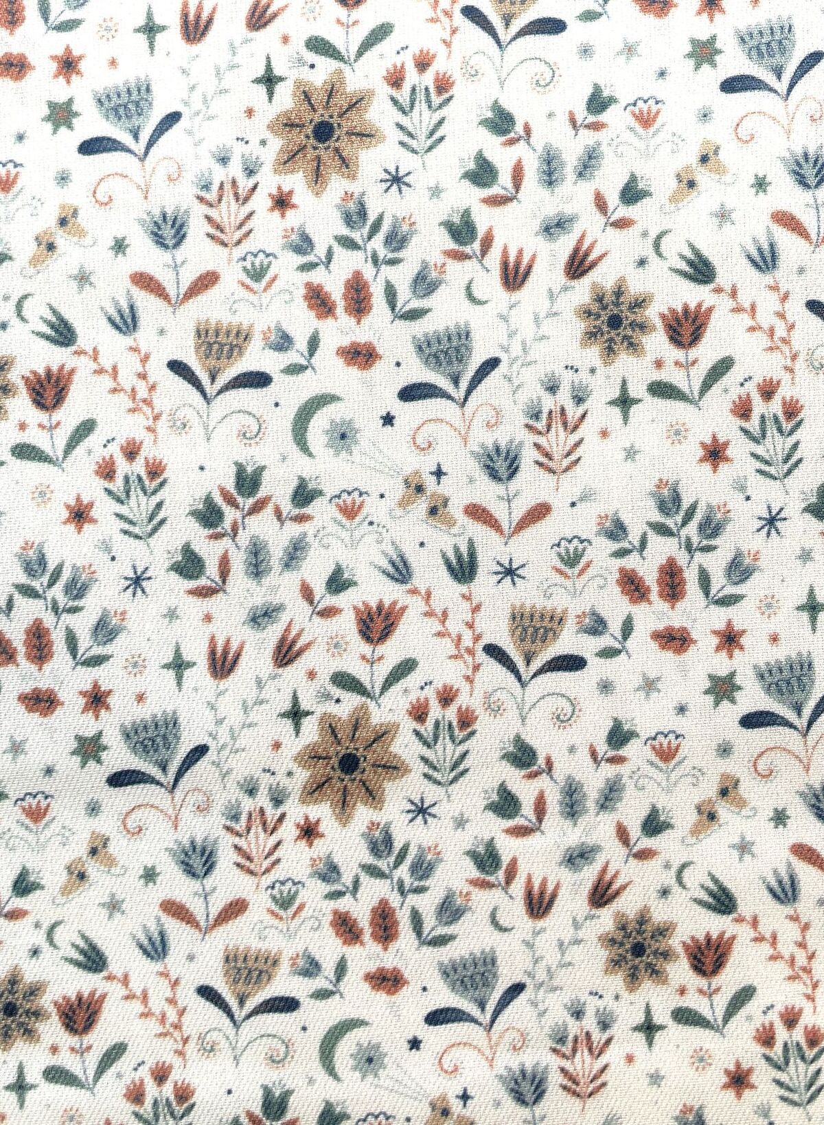 Baumwoll-Webware „Boho-Botanicals“ weiss /beige/blau Baumwoll-Webware „Boho-Botanicals“ weiss /beige/blau