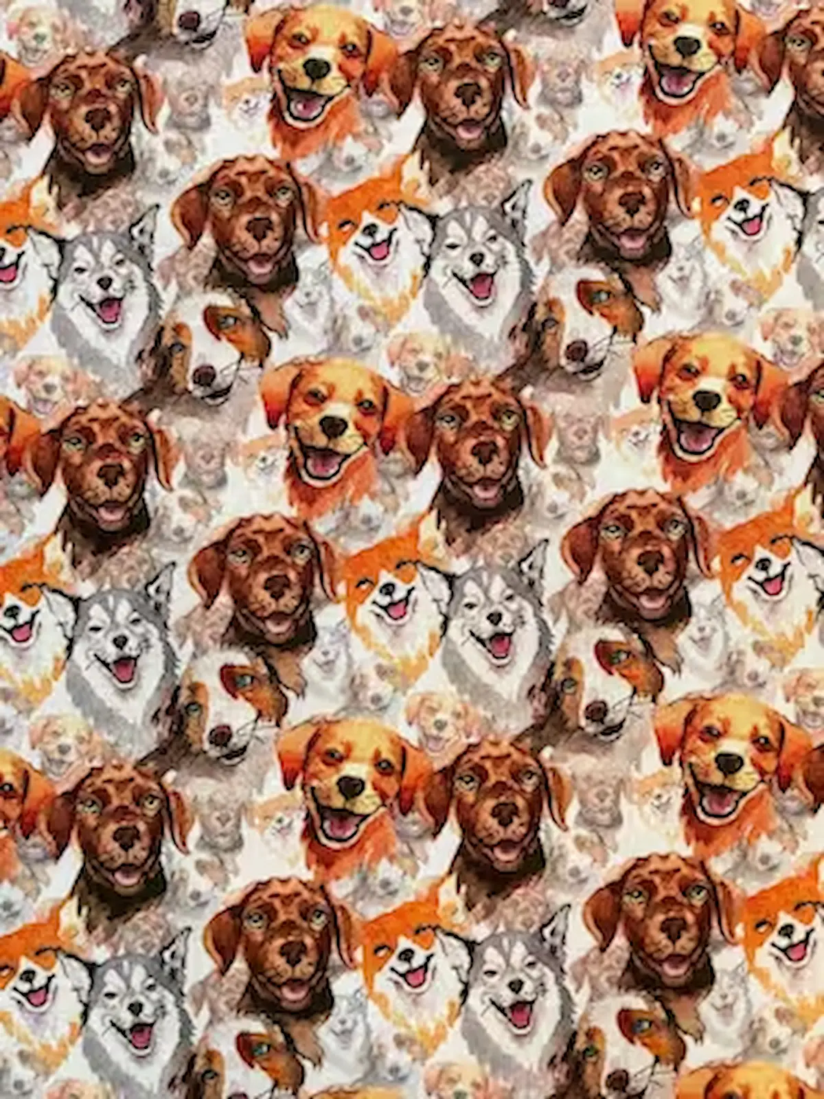Hochwertiger Baumwoll-Webware Stoff mit flächendeckendem Muster aus verschiedenen illustrierten Hundeköpfen wie Golden Retriever und Husky in warmen Aquarellfarben.