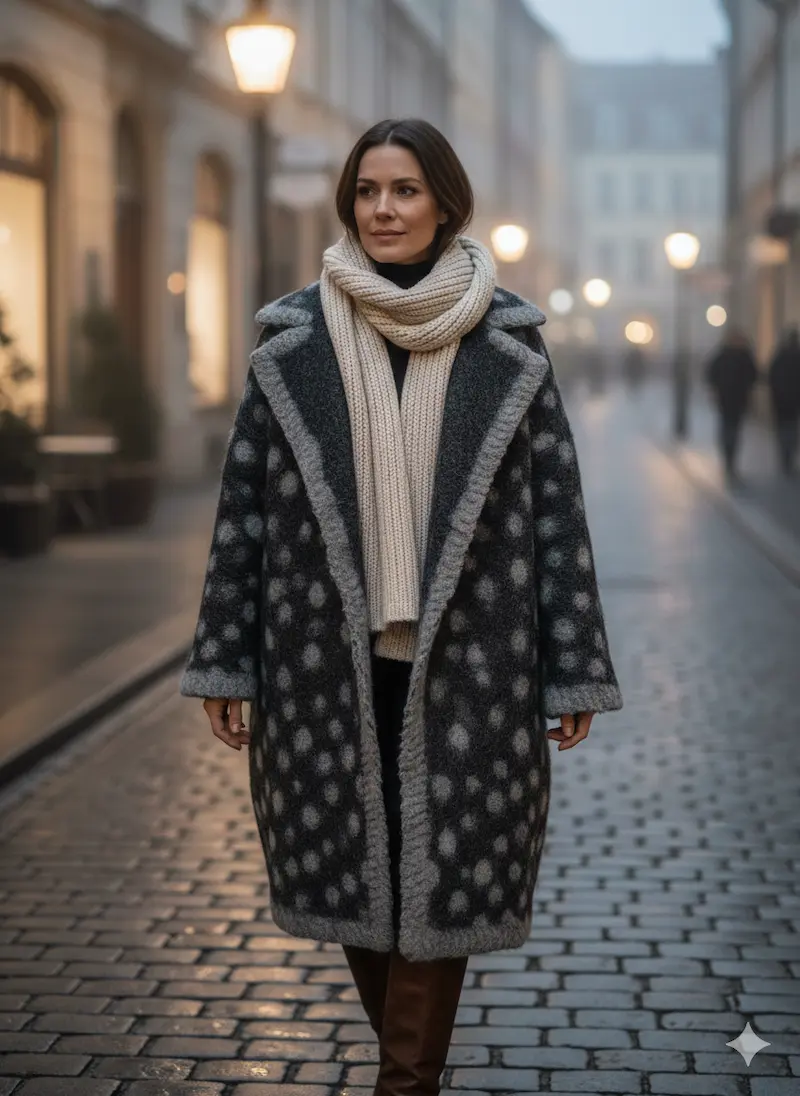 Genähtes Designbeispiel aus unserem gepunkteten Walkstoff: Eine Frau trägt einen modischen, langen Oversize-Wintermantel aus dickem, anthrazit-meliertem Wollstoff mit hellgrauem Punktemuster. Kombiniert mit einem hellen Strickschal, fotografiert in einer