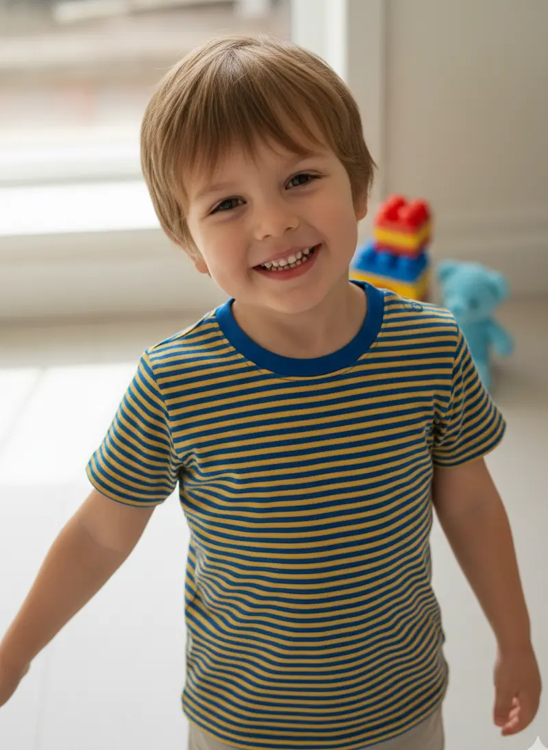Ein fröhlich lachender kleiner Junge trägt ein kurzärmeliges T-Shirt mit blauem Halsbündchen, genäht aus gelb-blau feingestreiftem Baumwolljersey; im Hintergrund Spielzeug in einem hellen Raum.