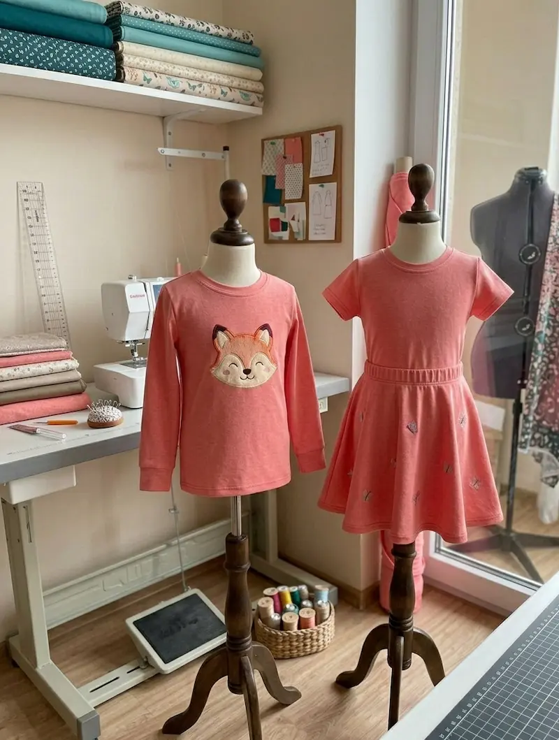 Kinderkleidung aus lachsfarbenem Baumwolljersey auf Schneiderpuppen: Langarmshirt mit Fuchs-Applikation und Rock in Koralle in einem Nähzimmer.