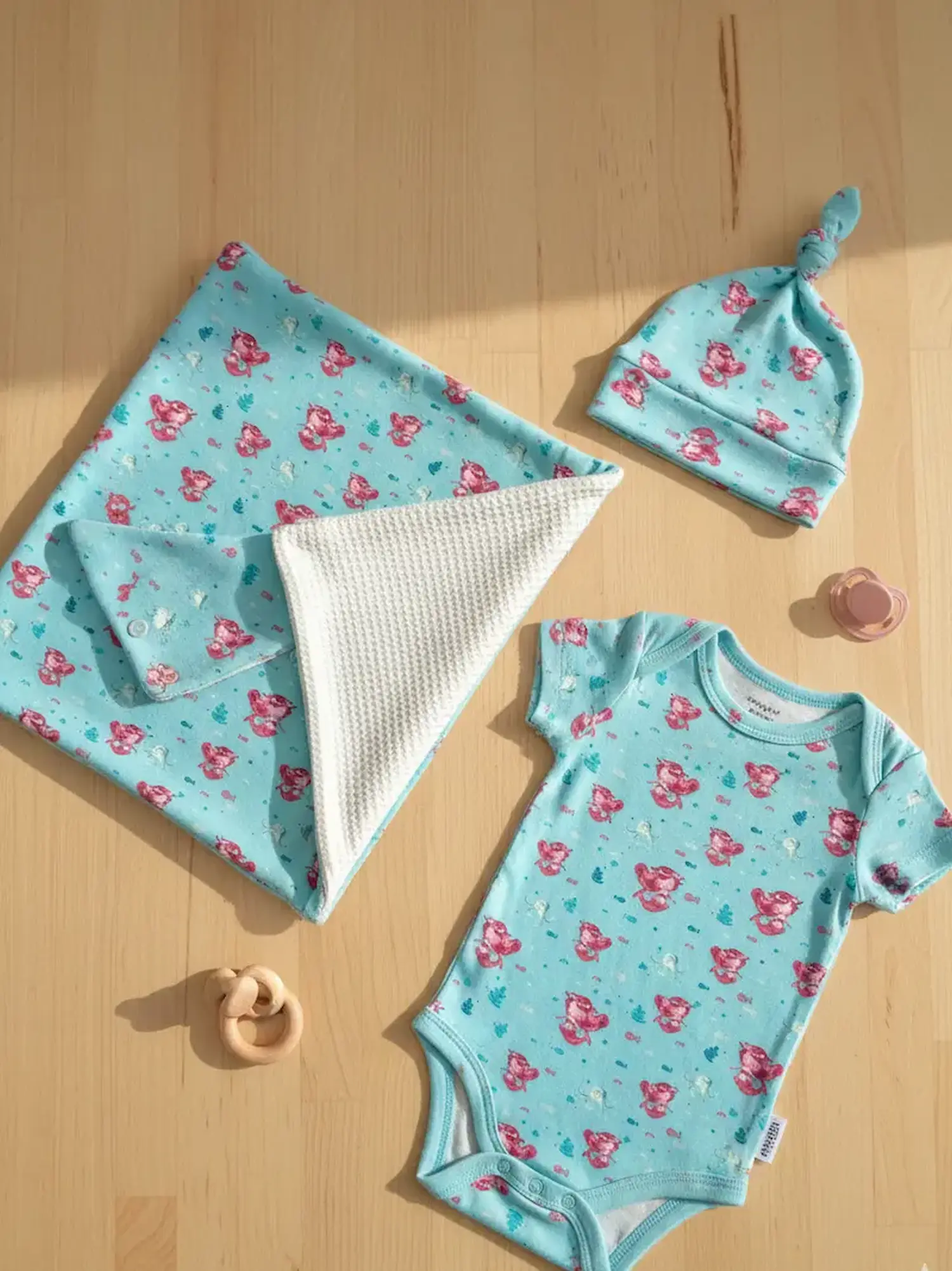 Designbeispiel für Jersey-Stoff Meterware: Ein selbstgenähter Baby-Kurzarmbody, ein passendes Knotenmützchen und ein Halstuch aus türkisem Meerjungfrauen-Stoff, flach liegend auf Holzboden neben einer Babydecke mit weißer Waffelpique-Rückseite.