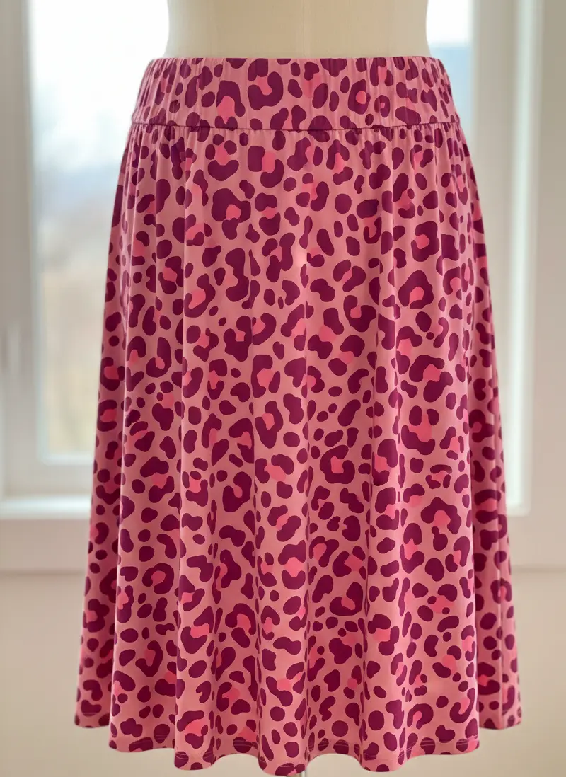 Ein ausgestellter Rock mit elastischem Bund, genäht aus weichem Baumwolljersey mit wildem Leopardenmuster. Der Jersey-Stoff zeigt ein Allover-Leo-Design in leuchtenden Pink-, Rosa- und Beerentönen, präsentiert auf einer Schneiderpuppe vor einem hellen Fen