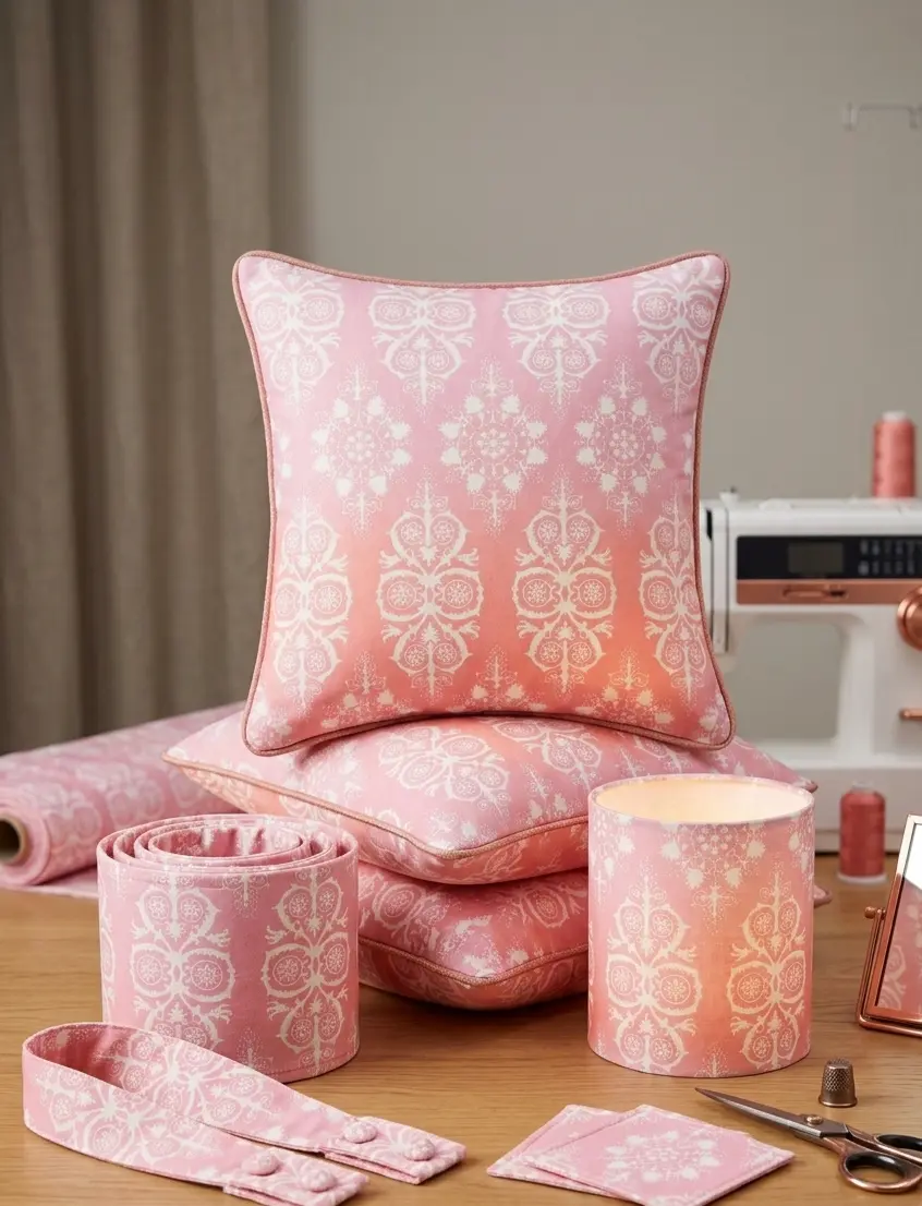 Deko-Kissen, Lampenschirm und Stoffrollen aus Baumwolle Stretch Meterware mit rosa Ornament-Muster neben einer Nähmaschine.