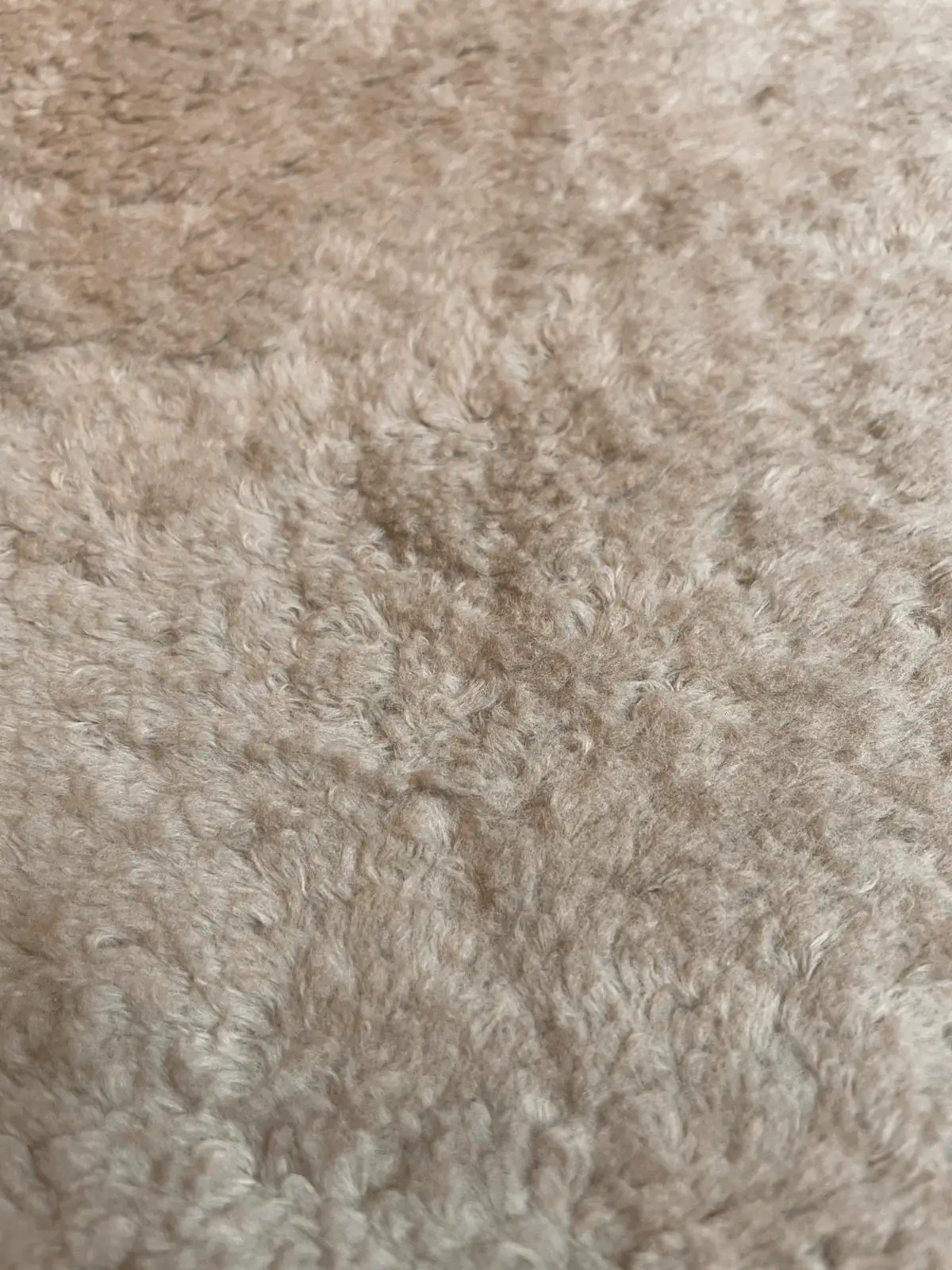 Nahaufnahme von kuscheligem Teddyplüsch in Beige mit weicher, gelockter Oberflächenstruktur für Babykleidung und Accessoires.