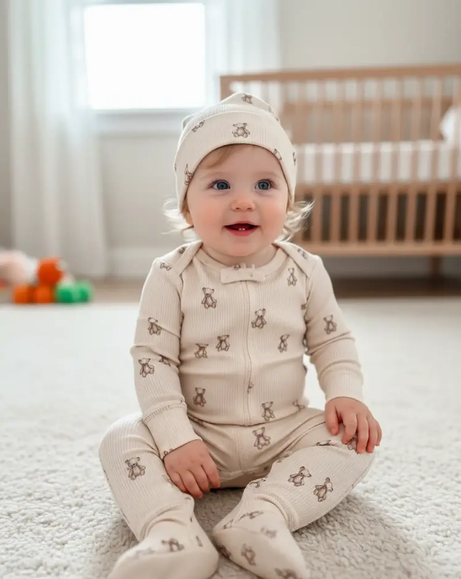 Ein lächelndes Baby sitzt auf einem hellen Teppich und trägt einen selbstgenähten Strampler sowie eine passende Mütze aus cremefarbenem Rippstrick-Jersey mit kleinen, braunen Bären-Motiven