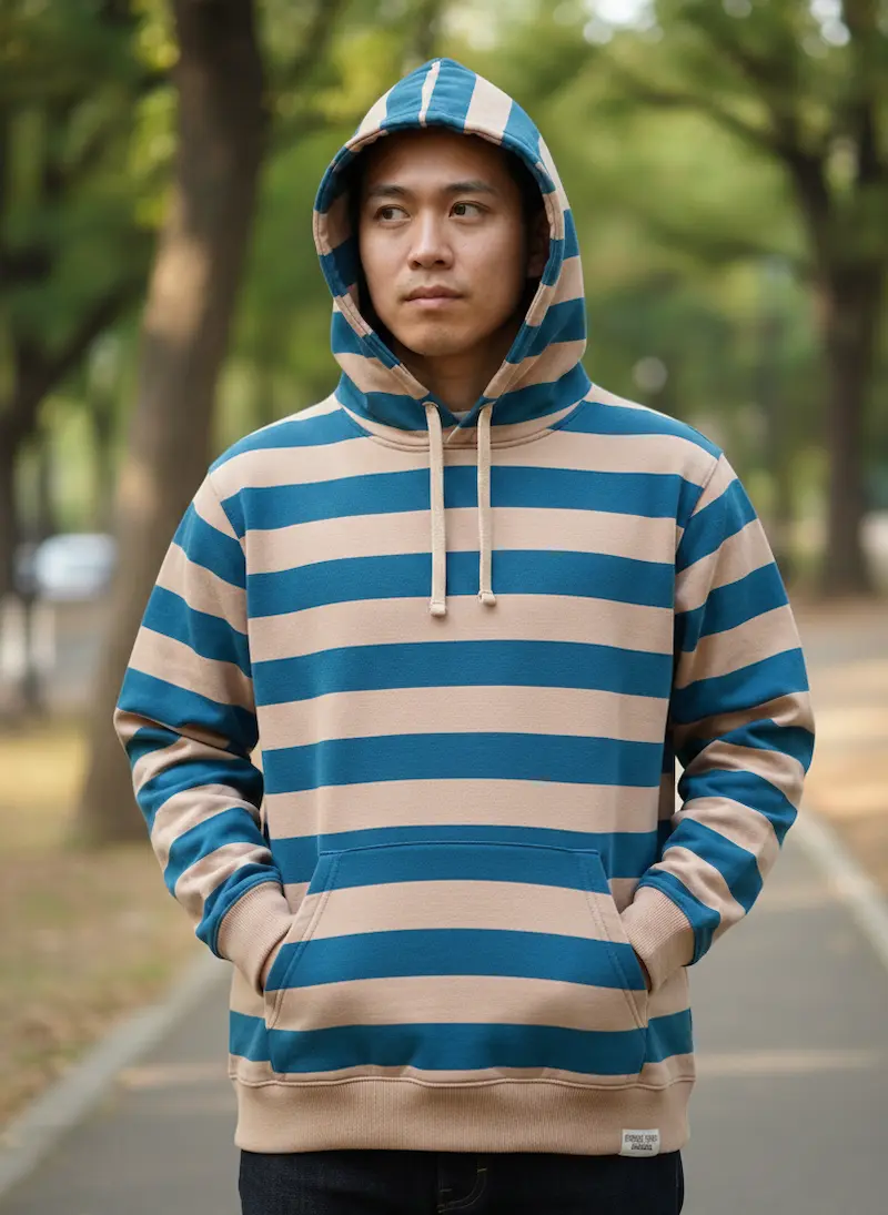 Ein Mann trägt einen Kapuzenpullover mit breiten Querstreifen in Petrolblau und Beige; zeigt die hochwertige Verarbeitung des French Terry Stoffs für Herrenbekleidung.