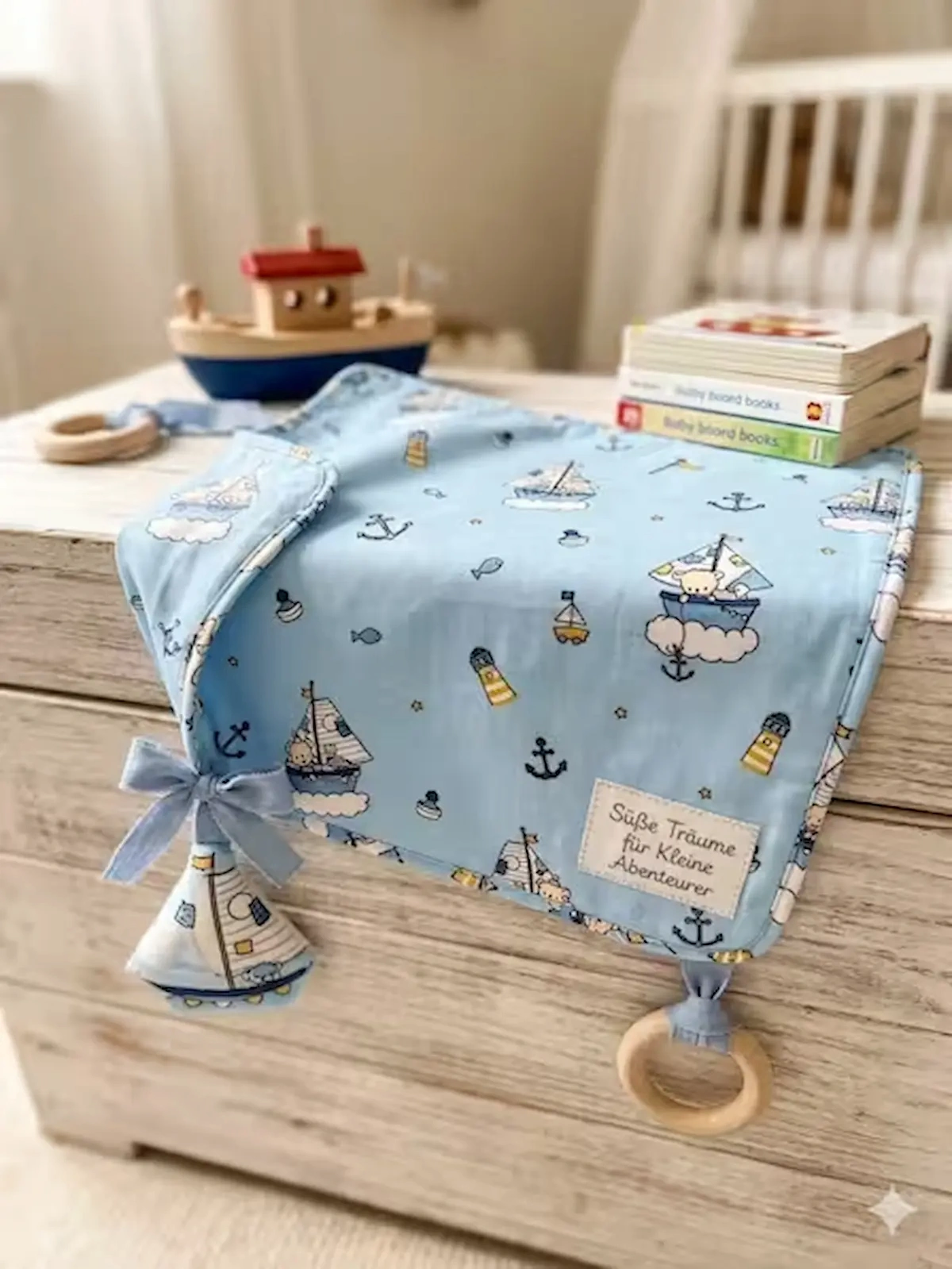 Handgenähtes Baby-Schnuffeltuch aus hellblauem Baumwoll-Popeline-Stoff mit maritimen Motiven wie kleinen Segelbooten, Bären als Kapitäne, Leuchttürmen und Ankern. Das Tuch liegt auf einer weißen Holzkiste im Babyzimmer und ist mit einem Holzring, einer St