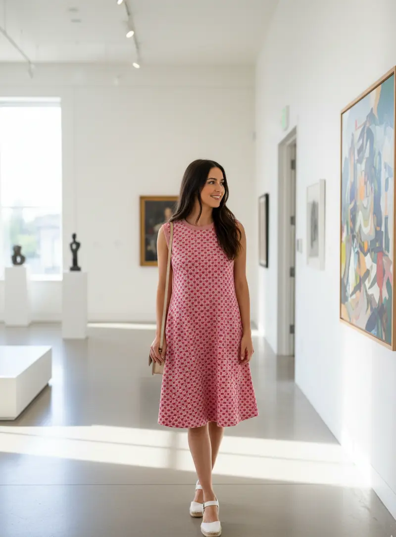 Ärmelloses A-Linien-Kleid aus French Terry Sommersweat mit rosa-beere Rautenmuster in einer Kunstgalerie.