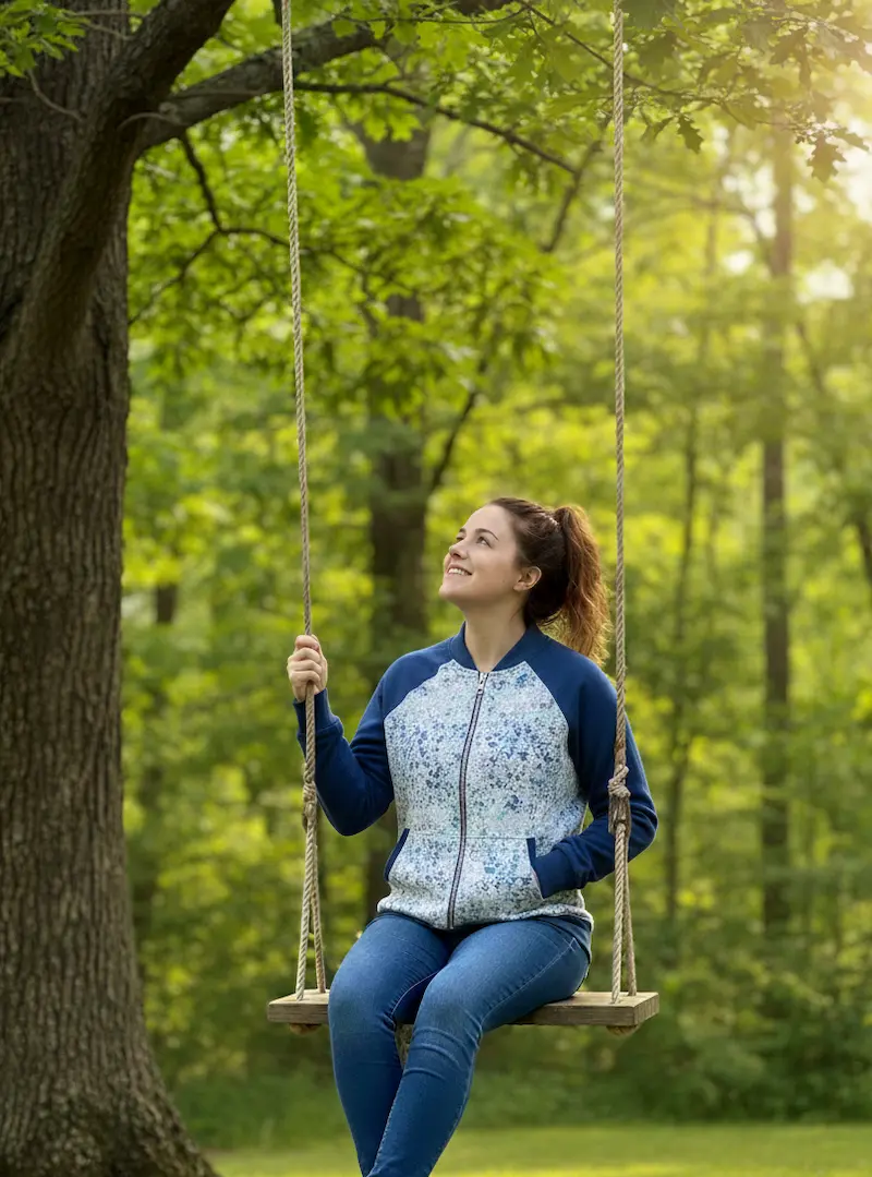 Frau auf einer Holzschaukel trägt eine Raglan-Sweatjacke aus French Terry mit abstraktem, blau-weißem Sprenkelmuster.