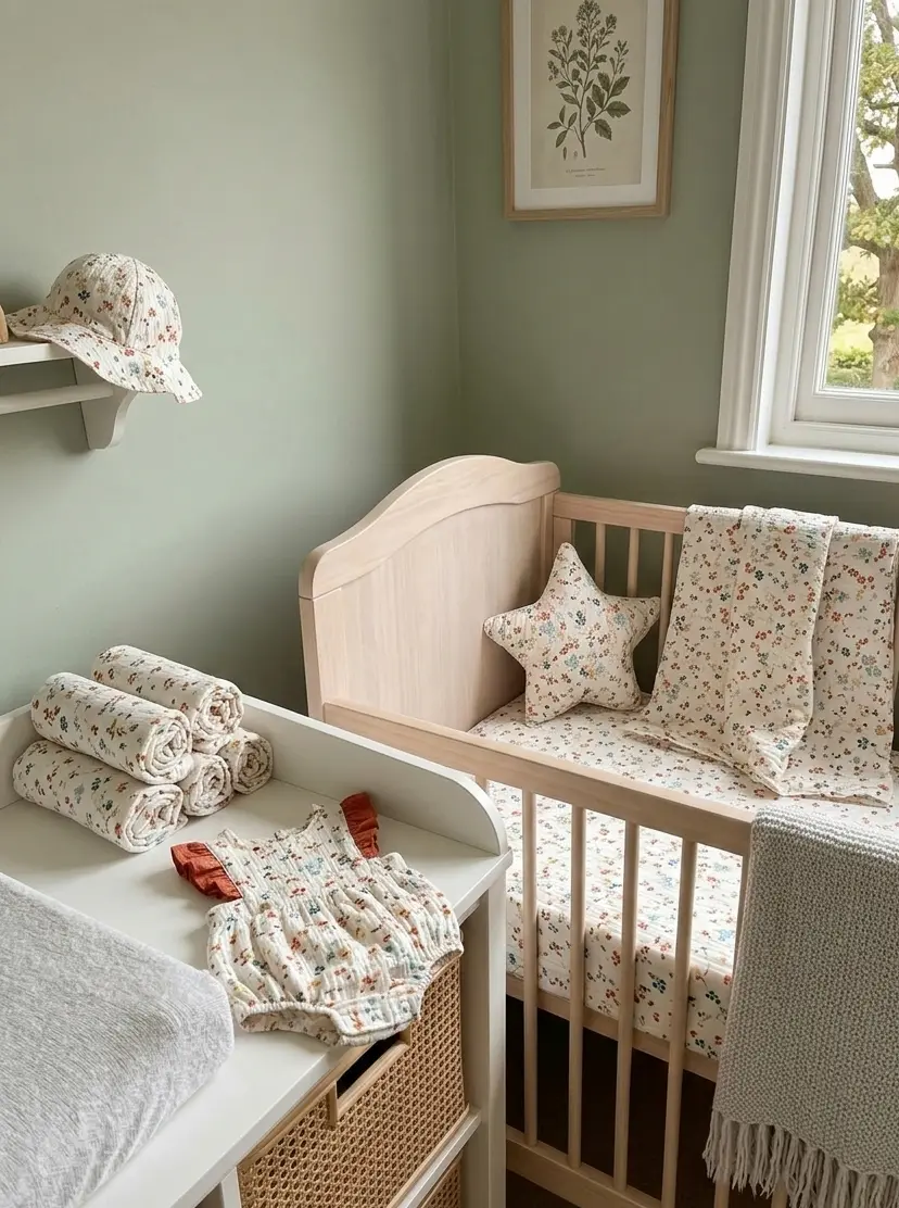 Hellgrünes Babyzimmer mit Ausstattung aus floralem Musselin-Stoff: Gitterbett mit Sternenkissen und Decke, Wickeltisch mit Stoffrollen, einem Baby-Romper und einem Sonnenhut im passenden Blumenmuster.