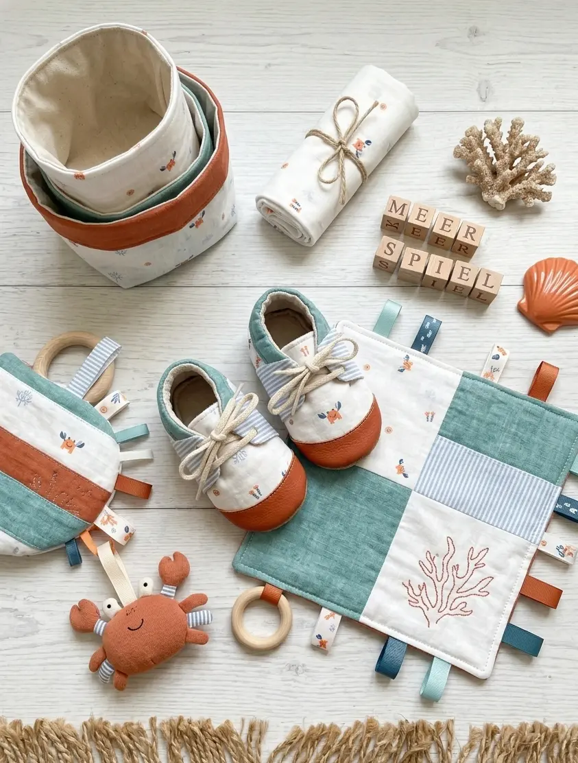 Baby-Set aus Bio-Baumwolle Popeline mit maritimen Motiven wie Krabben und Korallen in Rostrot, Salbeigrün und Weiß.