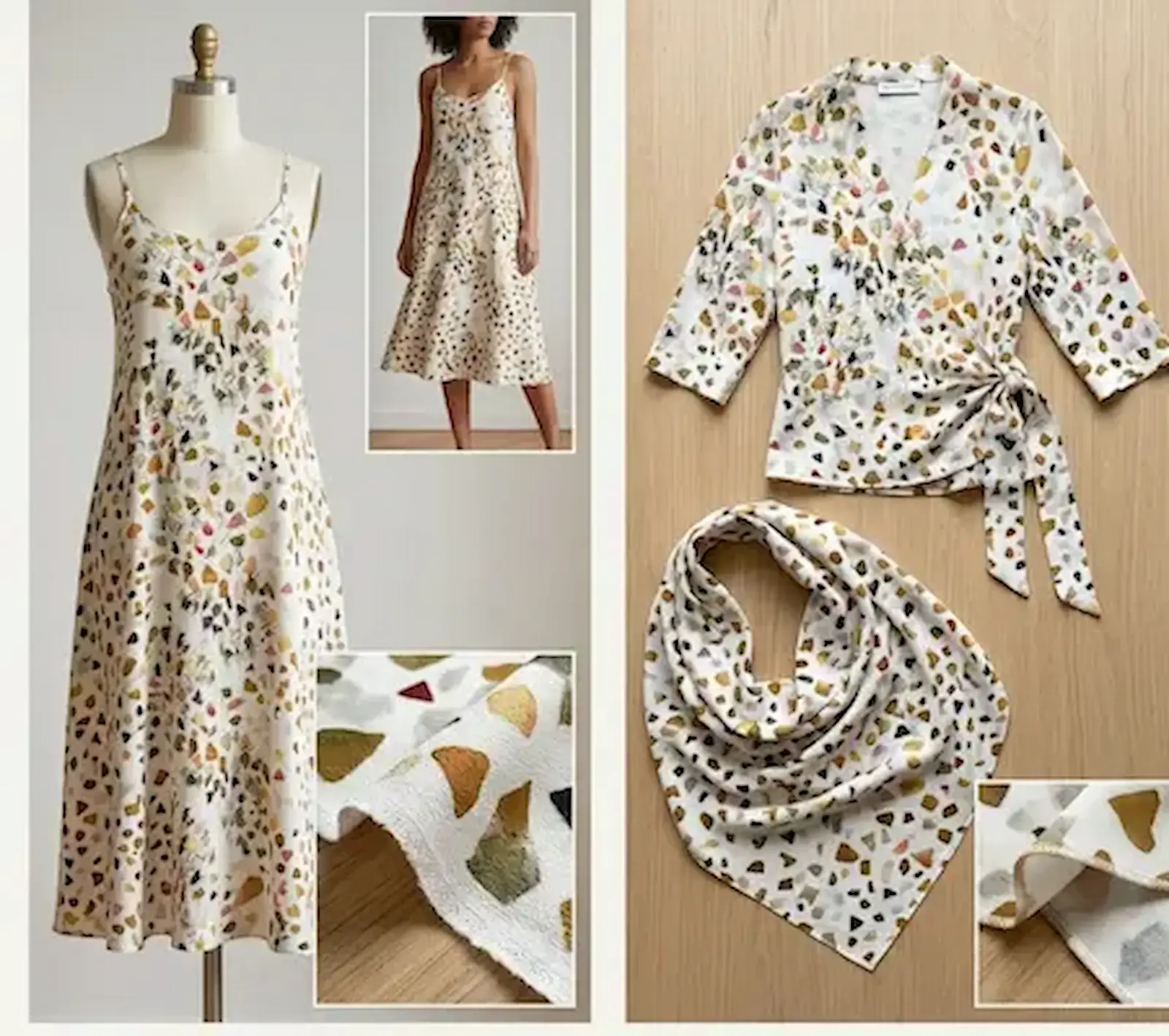 Luftige Baumwoll-Voile Meterware mit buntem Steinchen-Print in Terrazzo-Optik, verarbeitet als Sommerkleid, Wickelbluse und Halstuch