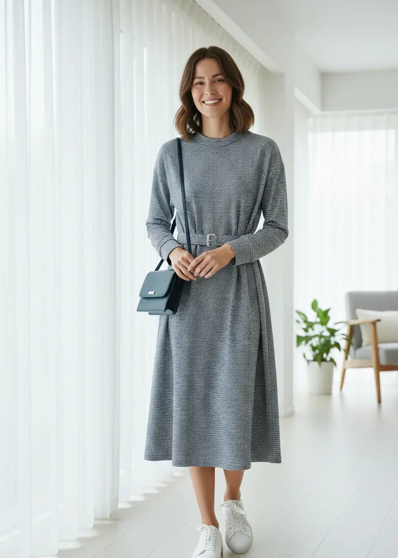 Eine lächelnde junge Frau trägt ein wadenlanges, langärmeliges Kleid mit Taillengürtel, genäht aus dunkelblau-weiß feingestreiftem Baumwolljersey; ein Beispiel für elegante Damenmode aus elastischer Meterware.