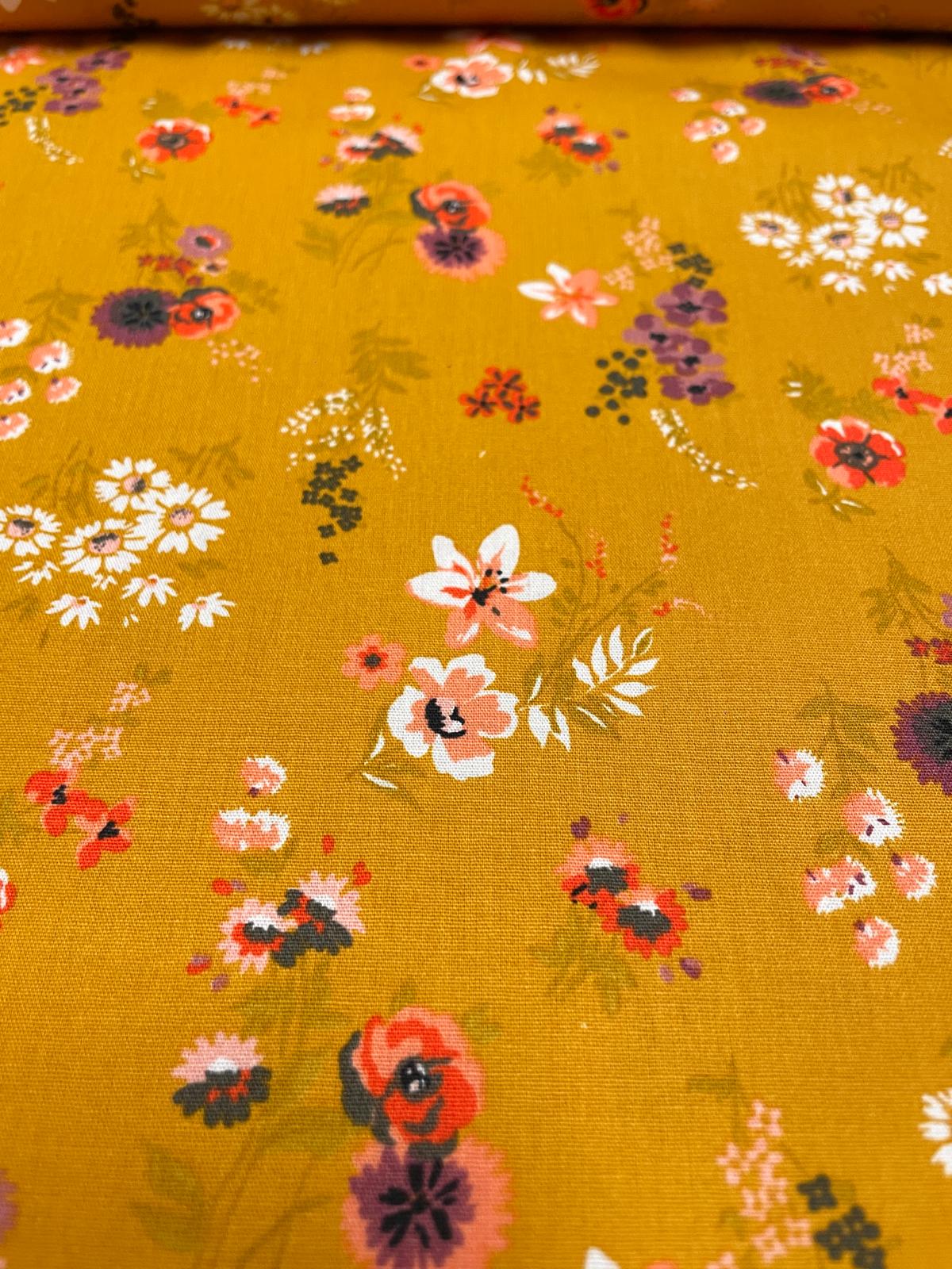 Baumwolle Popeline senfgelb mit Blumen