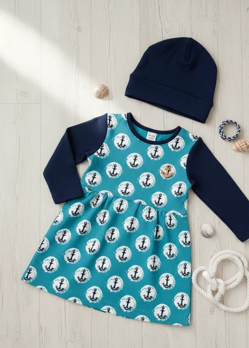 Maritimes Nähbeispiel im Flatlay: Ein langärmeliges Kinderkleid aus türkisfarbenem Bio French Terry mit Anker-Motiv und dunkelblauen Ärmeln, dazu eine passende Beanie-Mütze auf hellem Holzboden.